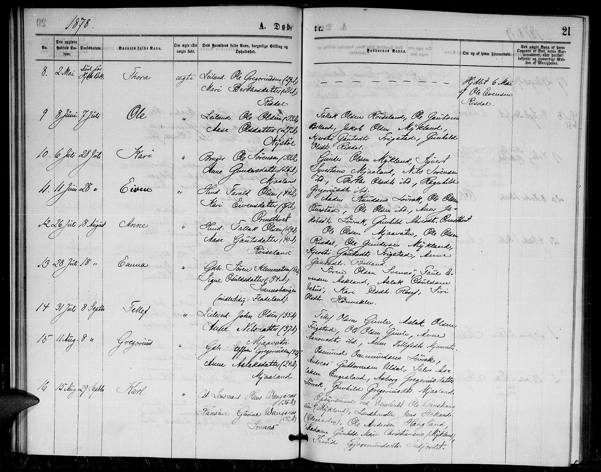 Herefoss sokneprestkontor, AV/SAK-1111-0019/F/Fa/Fac/L0001: Parish register (official) no. A 1, 1871-1886, p. 21