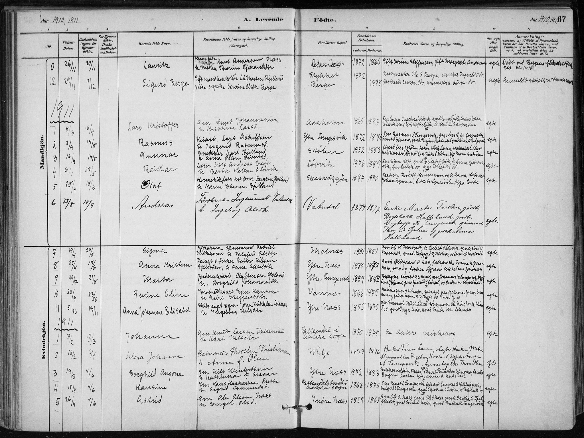 Skånevik sokneprestembete, SAB/A-77801/H/Haa: Parish register (official) no. B 1, 1879-1914, p. 67