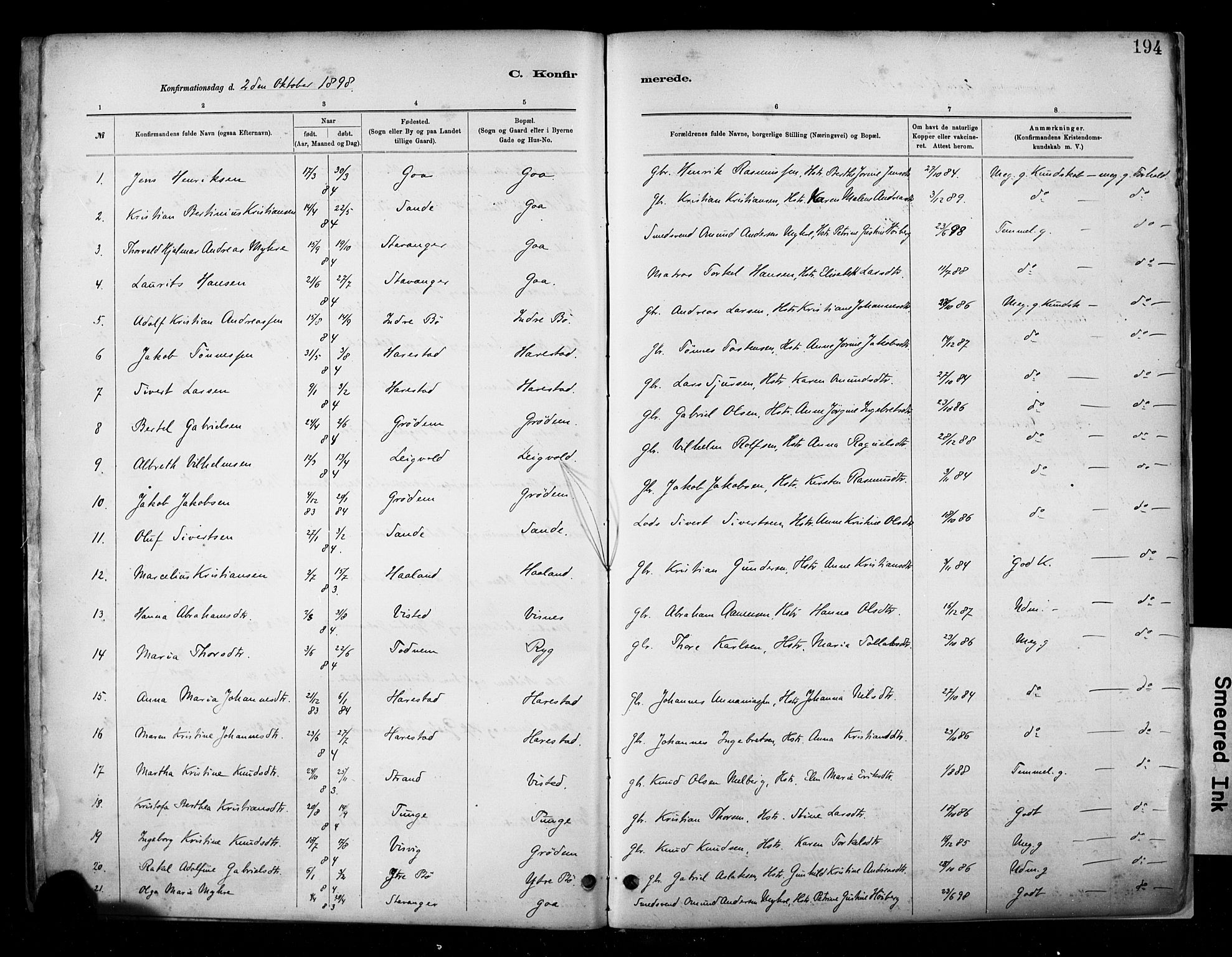 Hetland sokneprestkontor, SAST/A-101826/30/30BA/L0009: Parish register (official) no. A 9, 1882-1918, p. 194