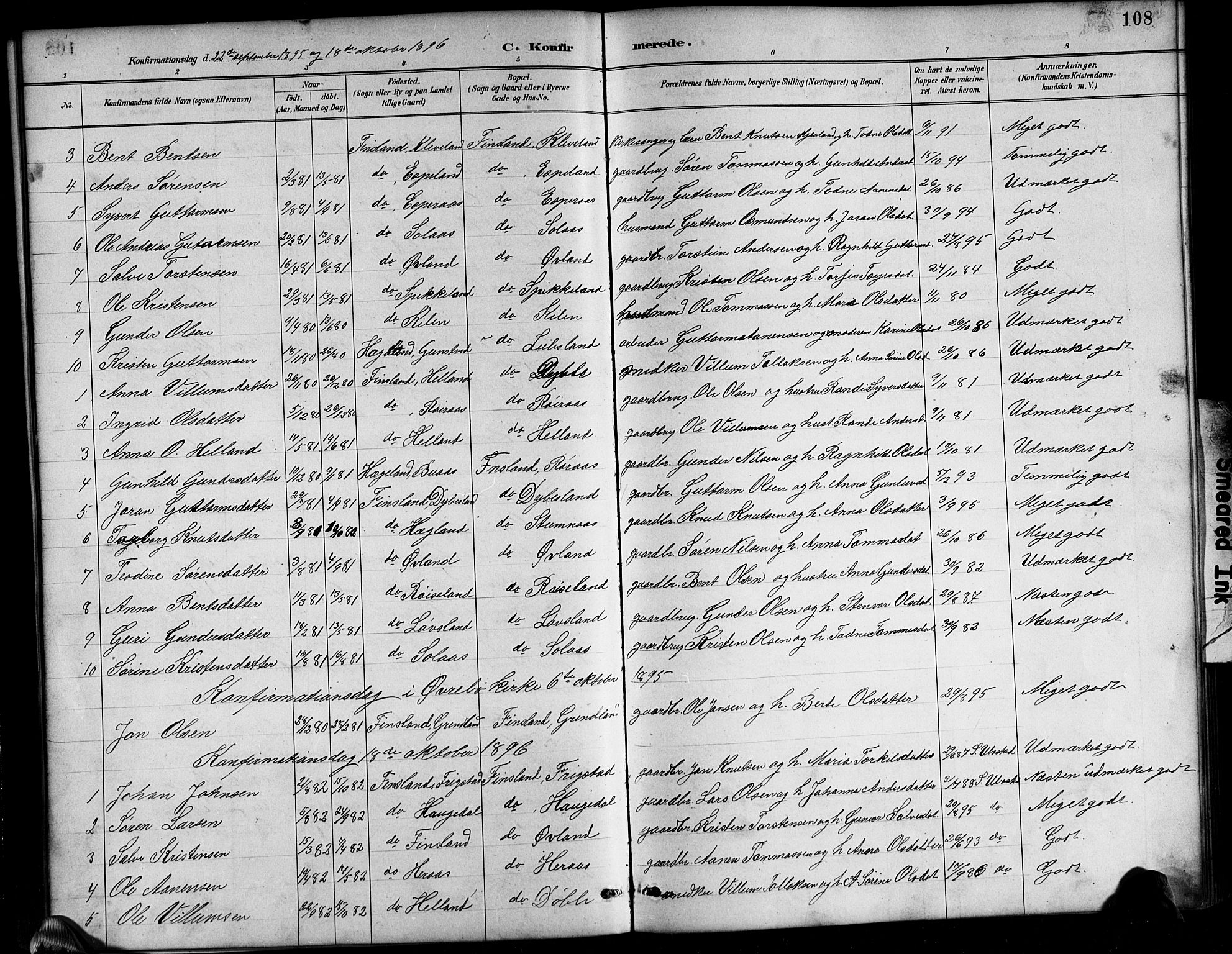 Bjelland sokneprestkontor, SAK/1111-0005/F/Fb/Fbb/L0005: Parish register (copy) no. B 5, 1887-1918, p. 108