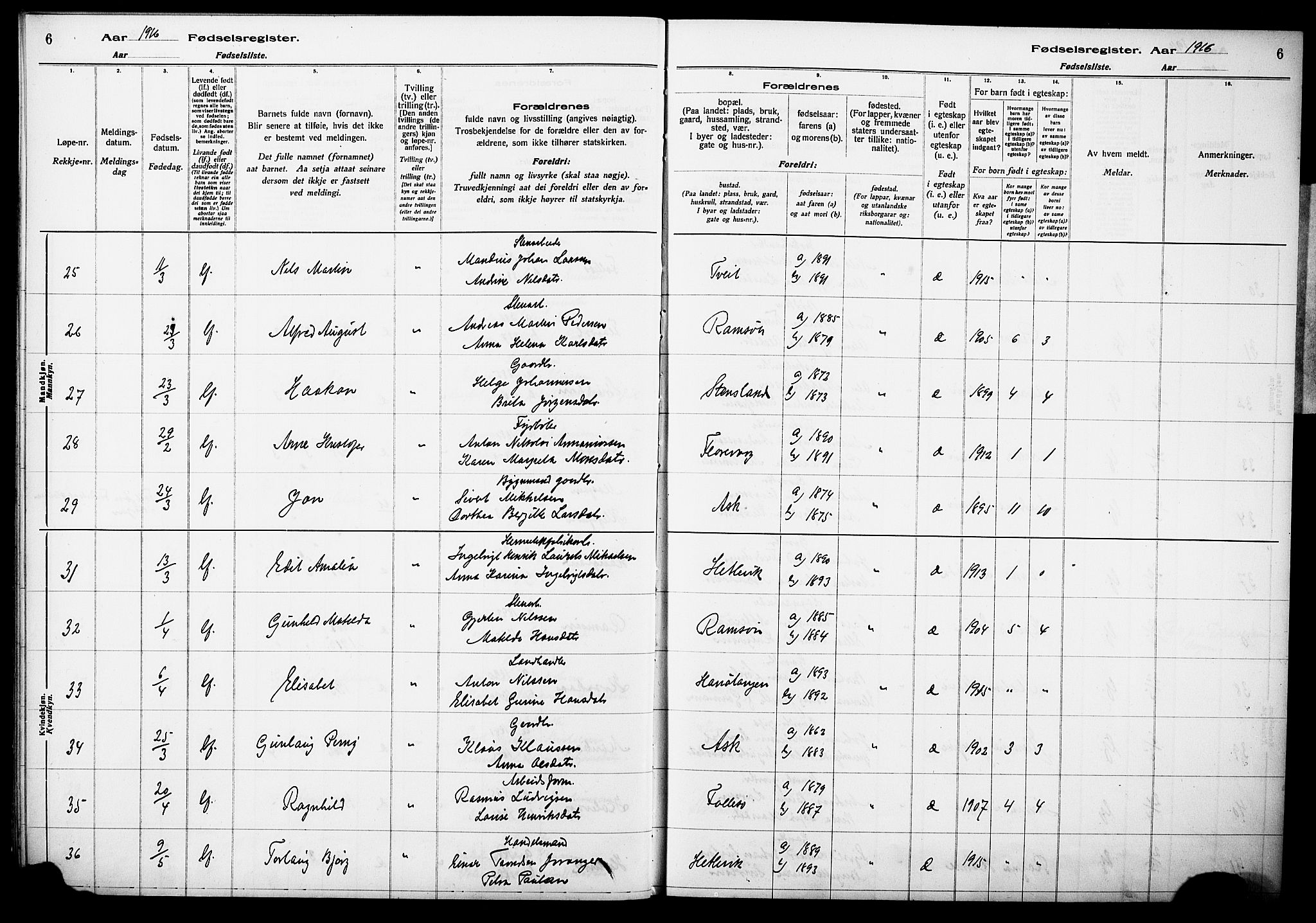 Askøy Sokneprestembete, AV/SAB-A-74101/I/Id/L00A1: Birth register no. A 1, 1916-1928, p. 6