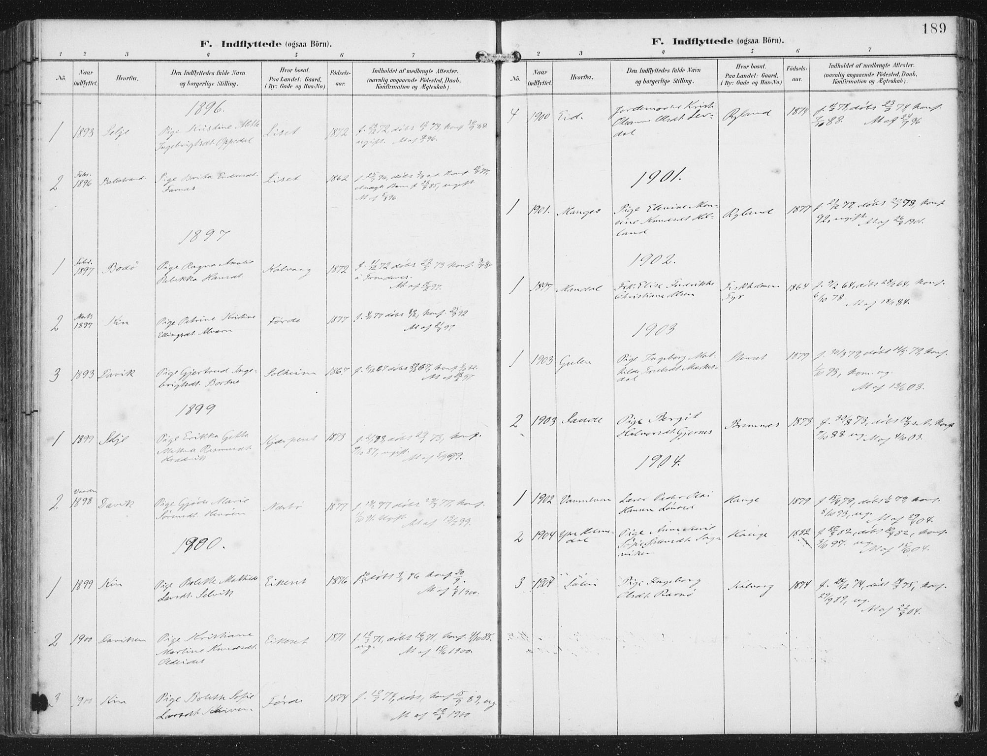 Bremanger sokneprestembete, AV/SAB-A-82201/H/Haa/Haab/L0002: Parish register (official) no. B  2, 1896-1908, p. 189