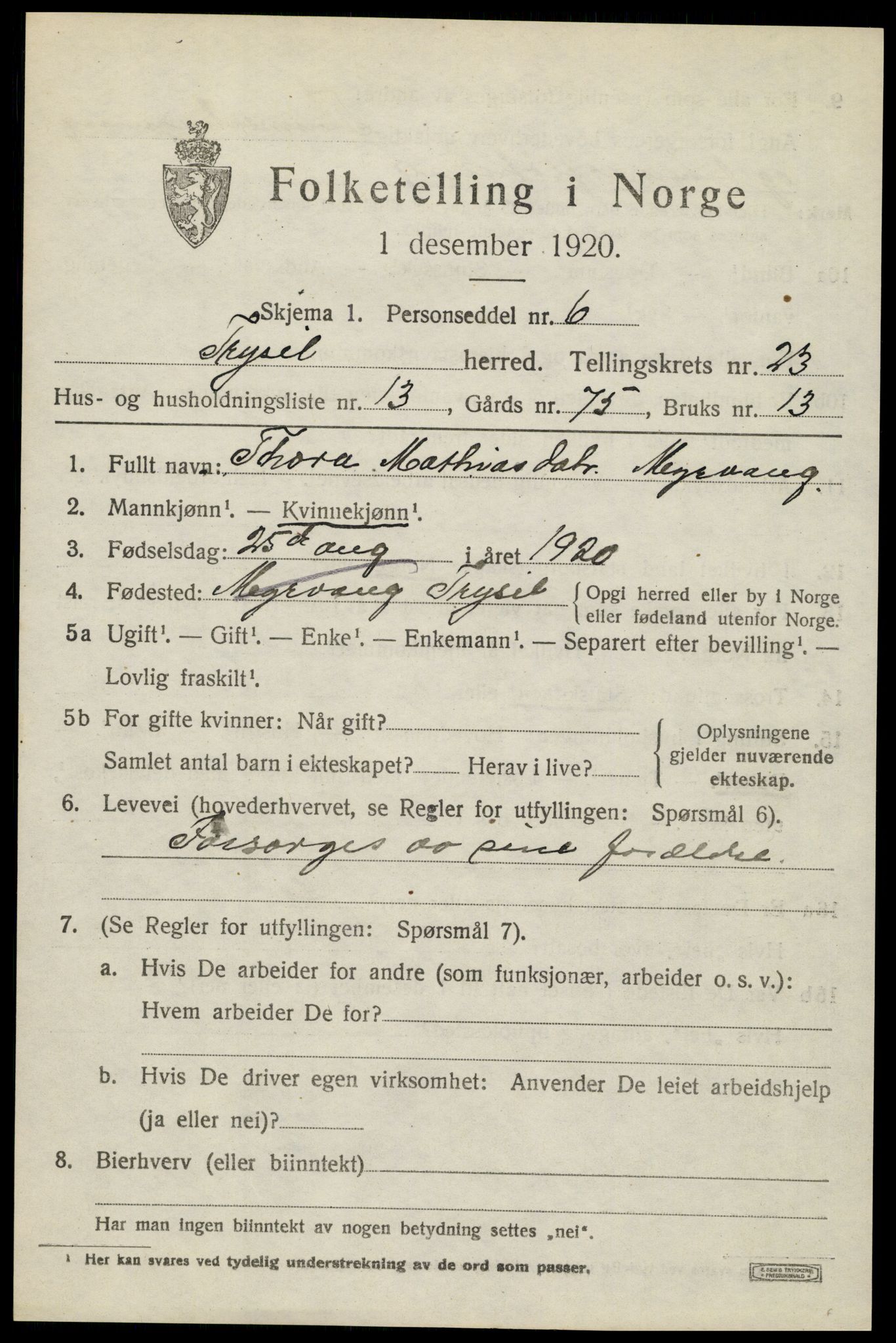 SAH, 1920 census for Trysil, 1920, p. 14991