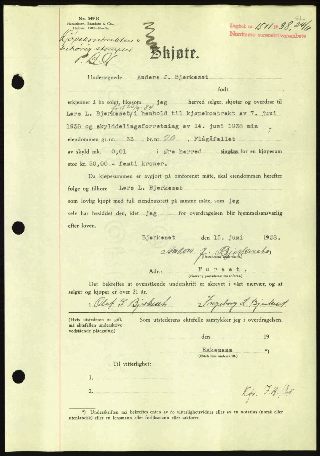 Nordmøre sorenskriveri, AV/SAT-A-4132/1/2/2Ca: Mortgage book no. A84, 1938-1938, Diary no: : 1511/1938