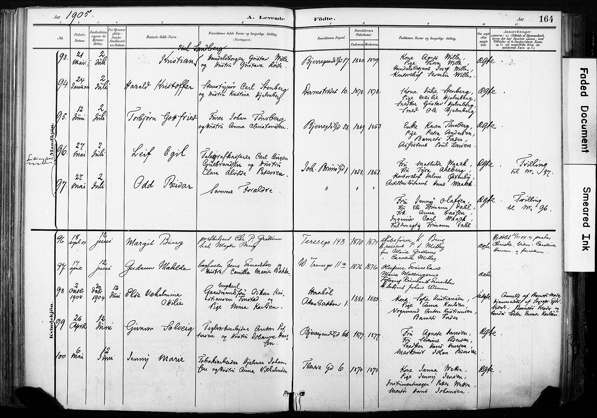 Gamle Aker prestekontor Kirkebøker, SAO/A-10617a/F/L0013: Parish register (official) no. 13, 1901-1908, p. 164