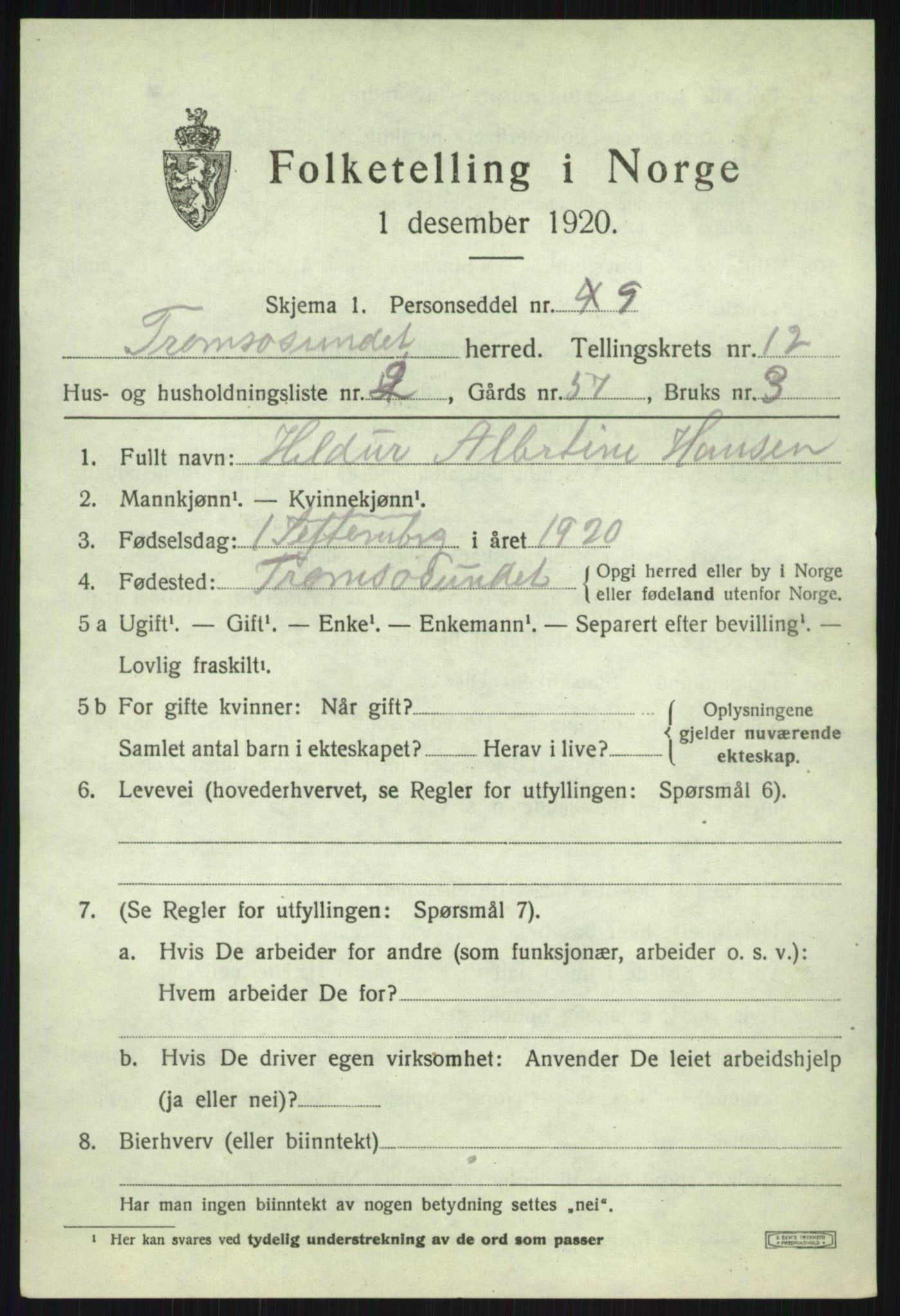 SATØ, 1920 census for Tromsøysund, 1920, p. 7606