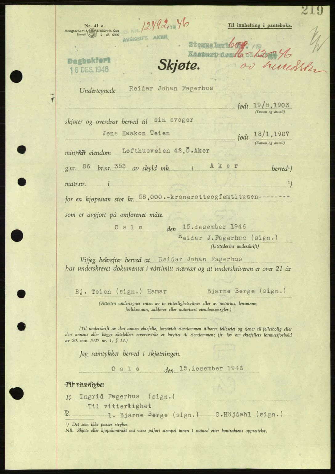 Aker herredsskriveri, AV/SAO-A-10896/G/Gb/Gba/Gbab/L0073: Mortgage book no. A192-193, 1946-1947, Diary no: : 12492/1946