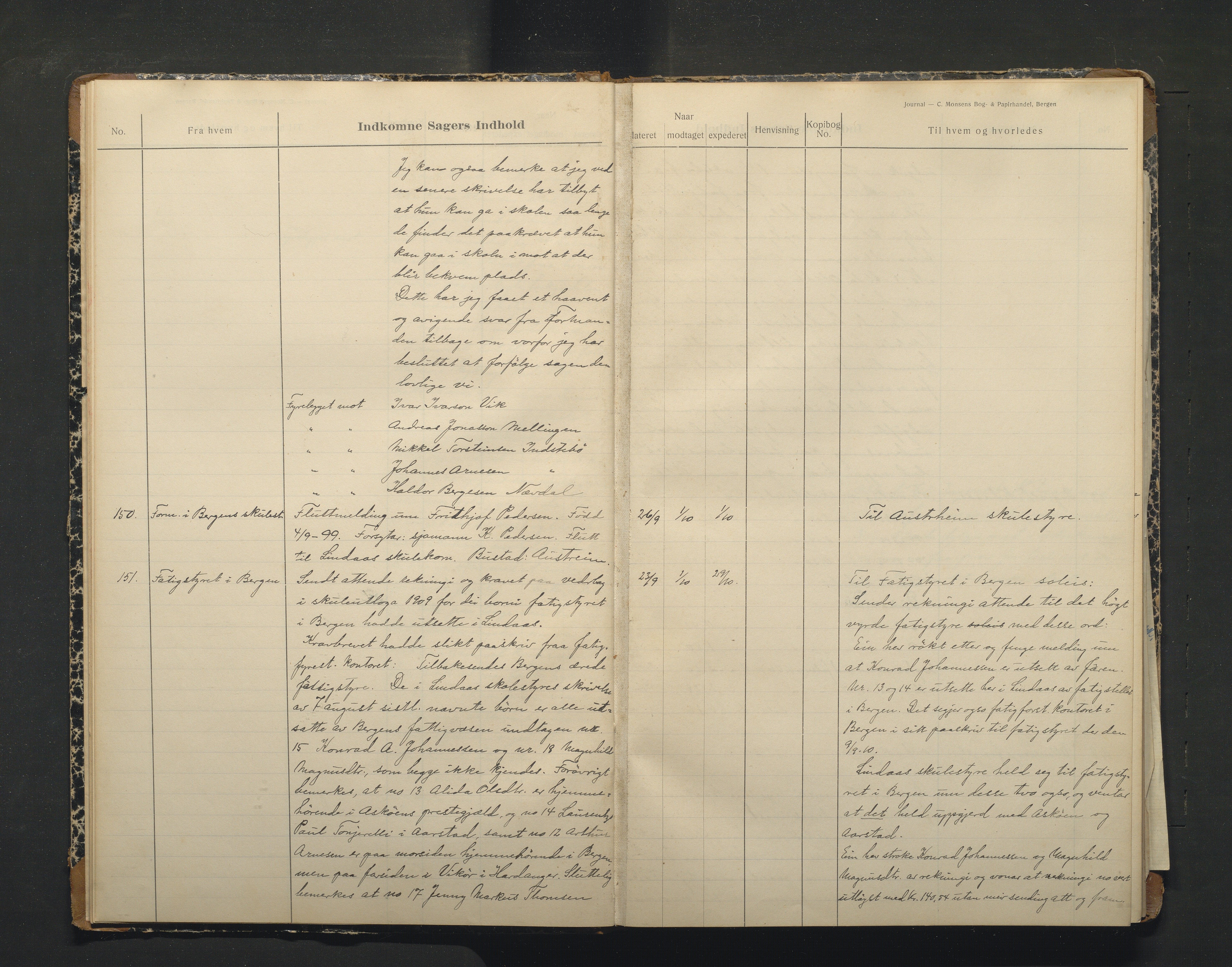 Lindås kommune. Skulestyret, IKAH/1263-211/C/Ca/L0004: Postjournal for Lindås skulestyre, 1910-1912