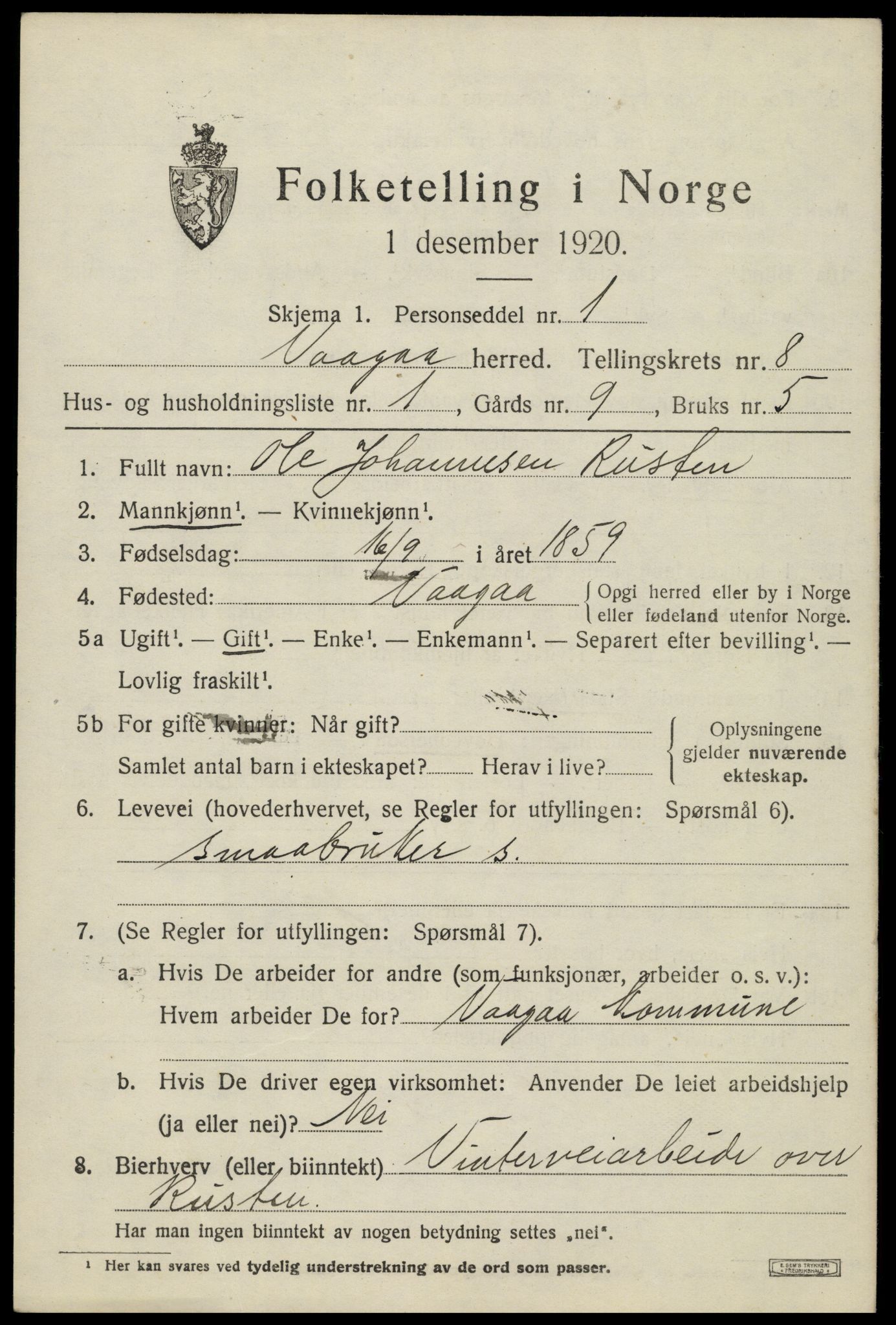 SAH, 1920 census for Vågå, 1920, p. 5980