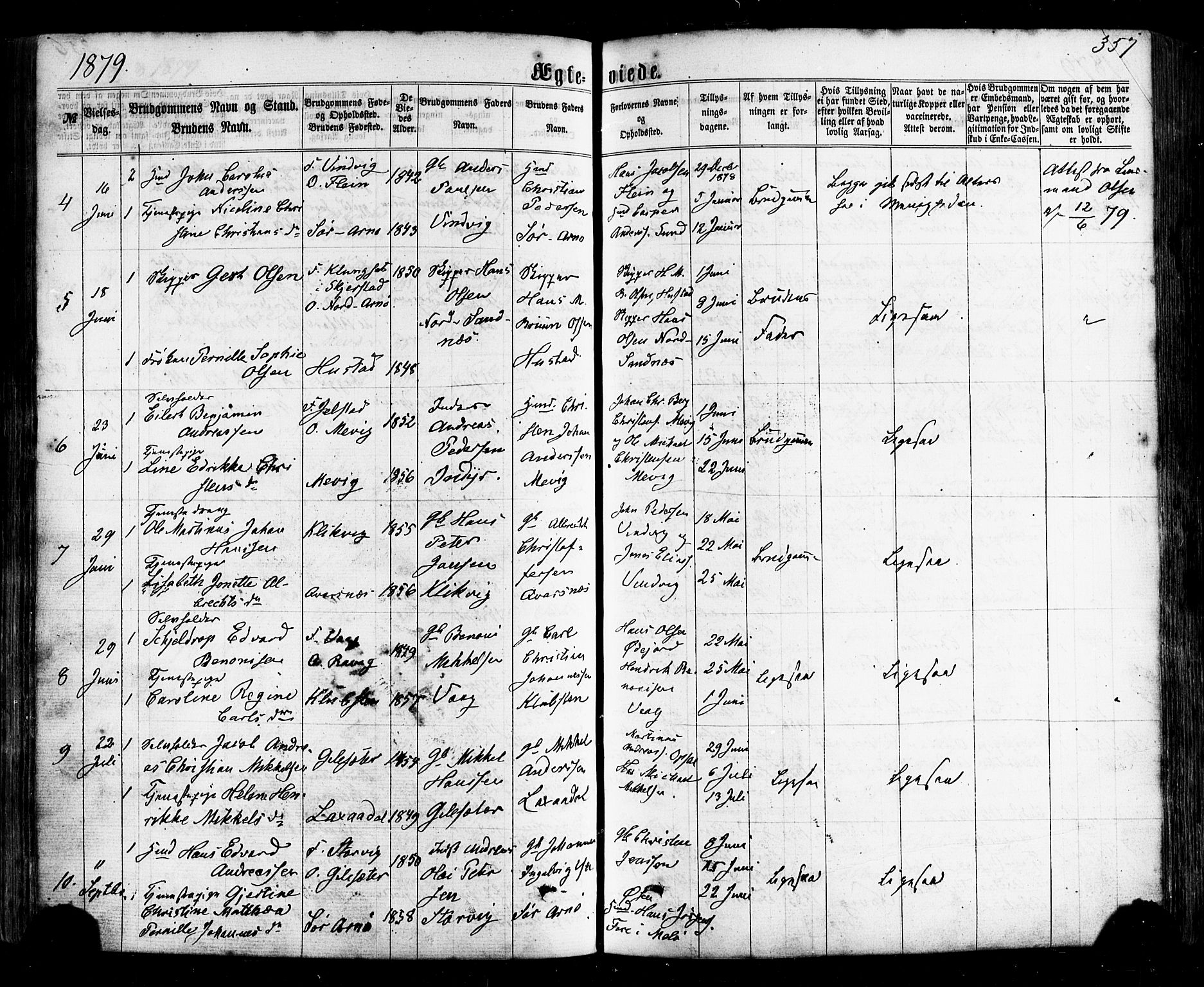 Ministerialprotokoller, klokkerbøker og fødselsregistre - Nordland, AV/SAT-A-1459/805/L0098: Parish register (official) no. 805A05, 1862-1879, p. 357