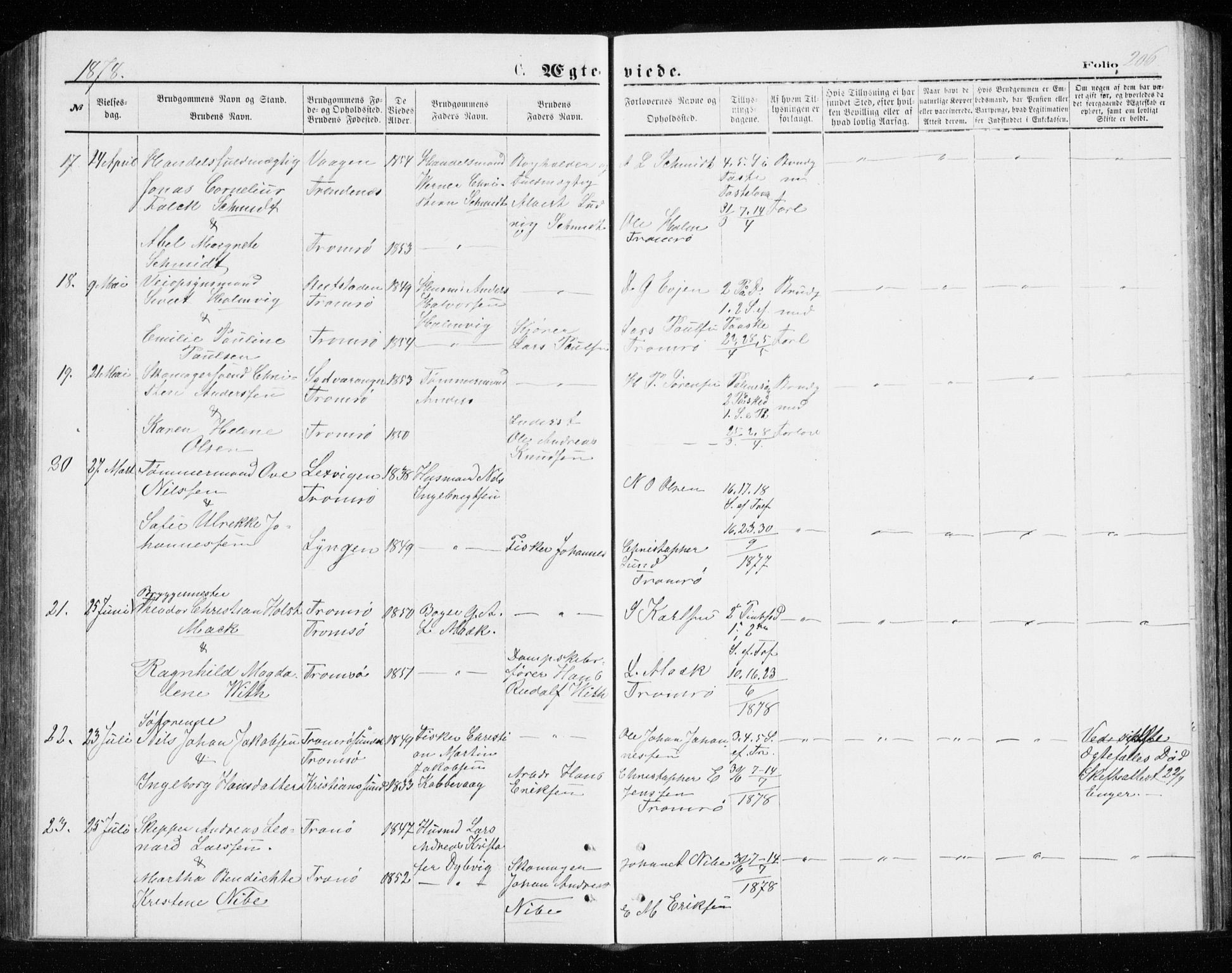 Tromsø sokneprestkontor/stiftsprosti/domprosti, AV/SATØ-S-1343/G/Gb/L0008klokker: Parish register (copy) no. 8, 1875-1879, p. 206