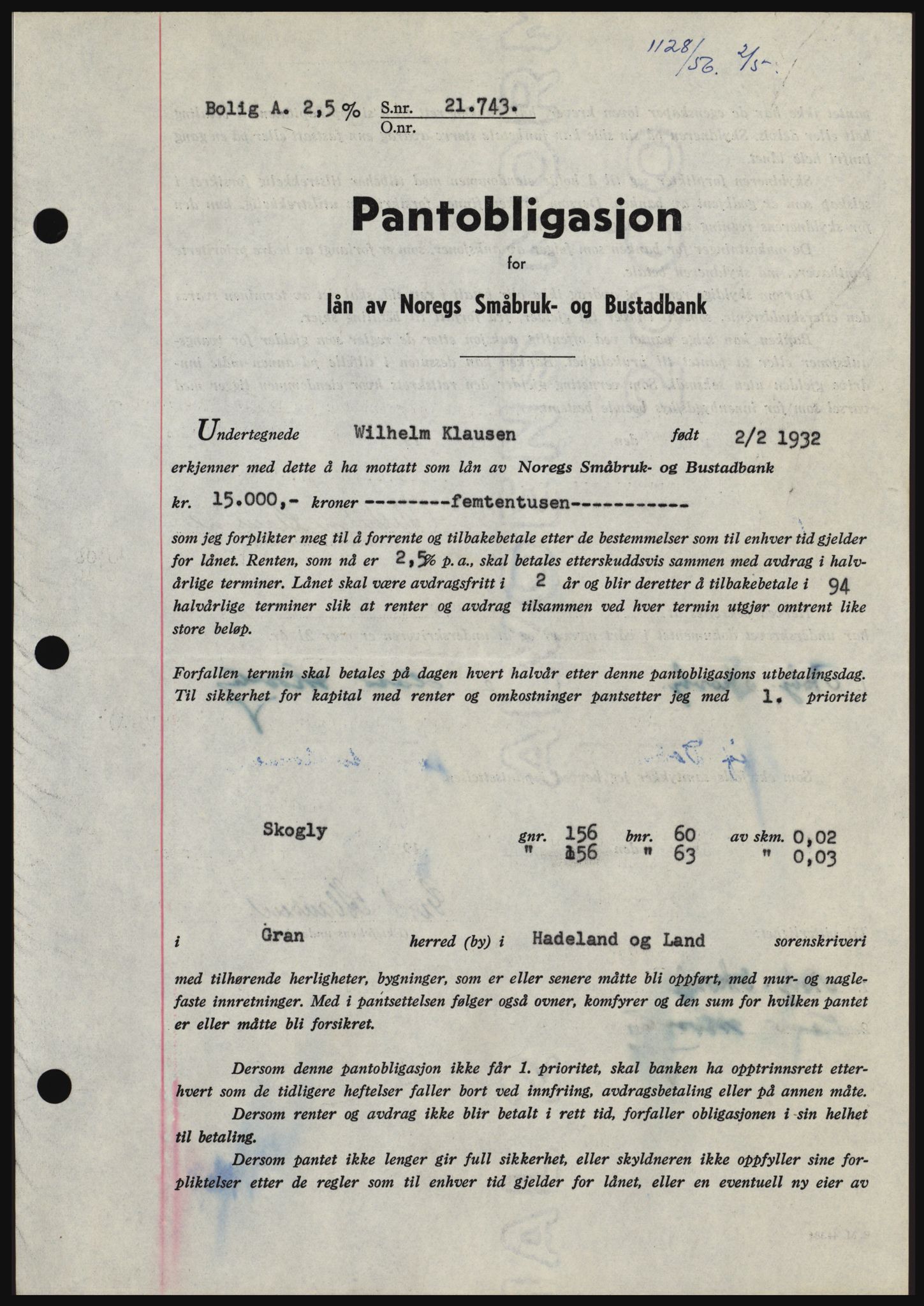 Hadeland og Land tingrett, SAH/TING-010/H/Hb/Hbc/L0034: Mortgage book no. B34, 1956-1956, Diary no: : 1128/1956