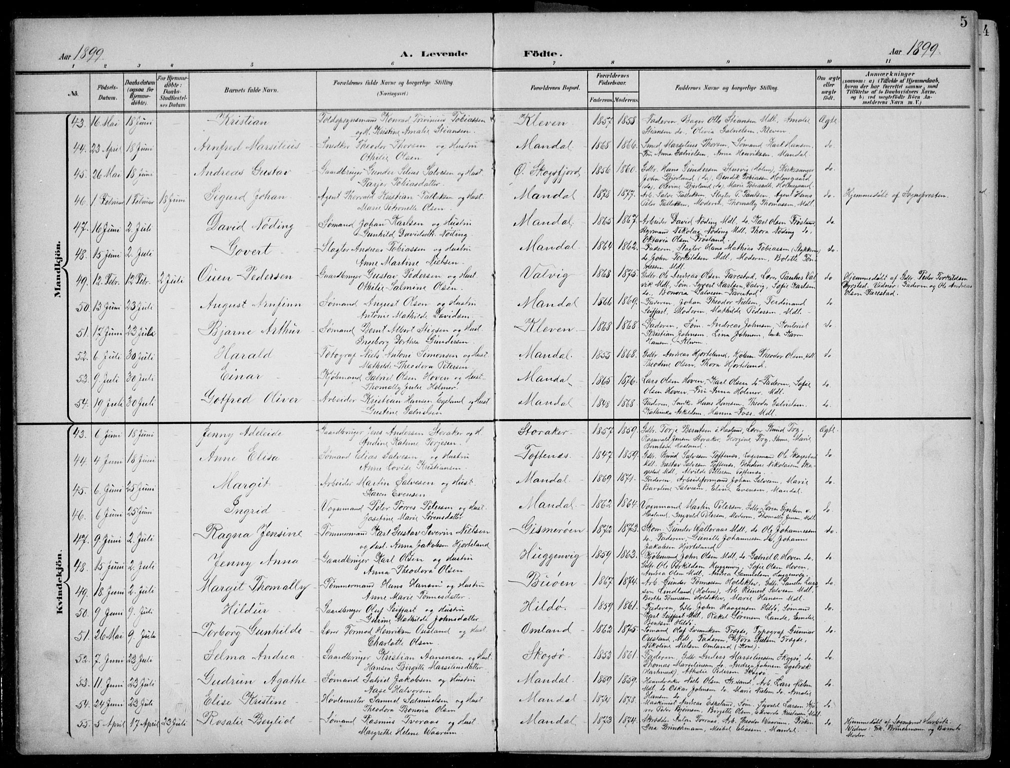 Mandal sokneprestkontor, AV/SAK-1111-0030/F/Fb/Fba/L0012: Parish register (copy) no. B 6, 1899-1918, p. 5