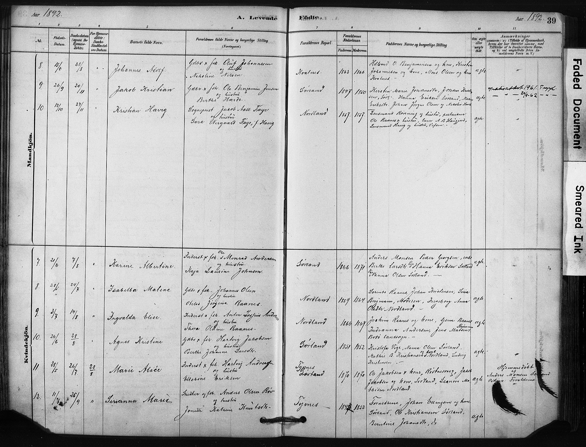 Ministerialprotokoller, klokkerbøker og fødselsregistre - Nordland, AV/SAT-A-1459/807/L0122: Parish register (official) no. 807A05, 1880-1902, p. 39