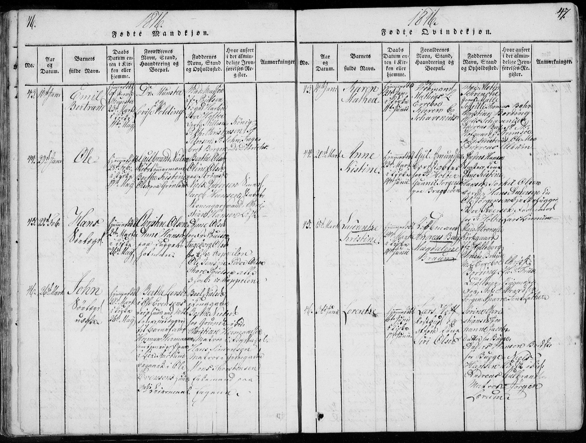 Bragernes kirkebøker, SAKO/A-6/F/Fa/L0007: Parish register (official) no. I 7, 1815-1829, p. 46-47