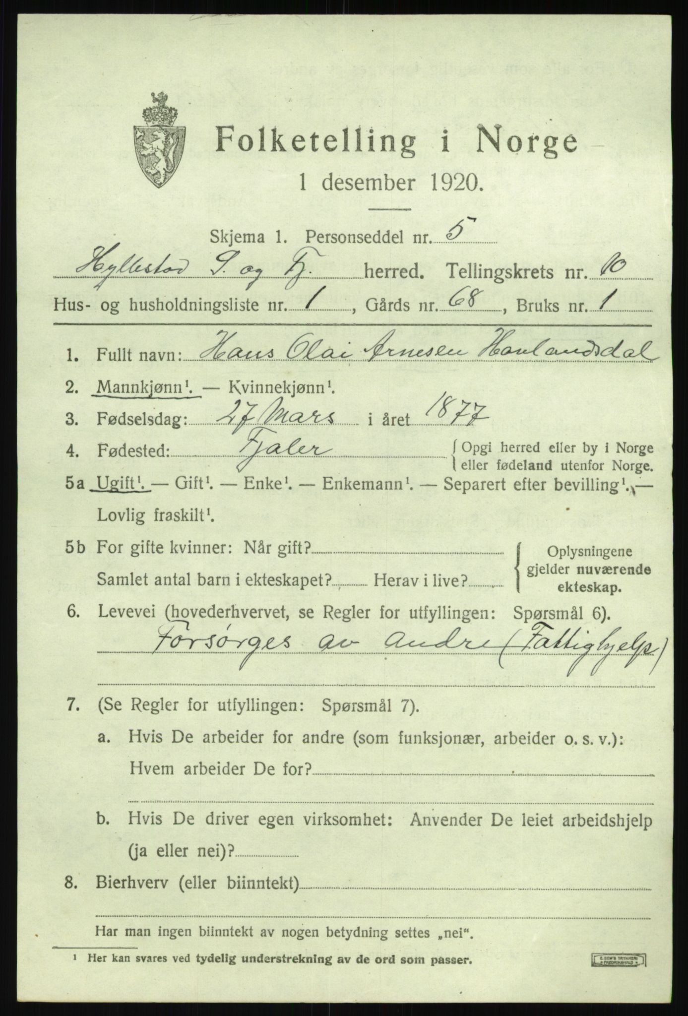 SAB, 1920 census for Hyllestad, 1920, p. 3820