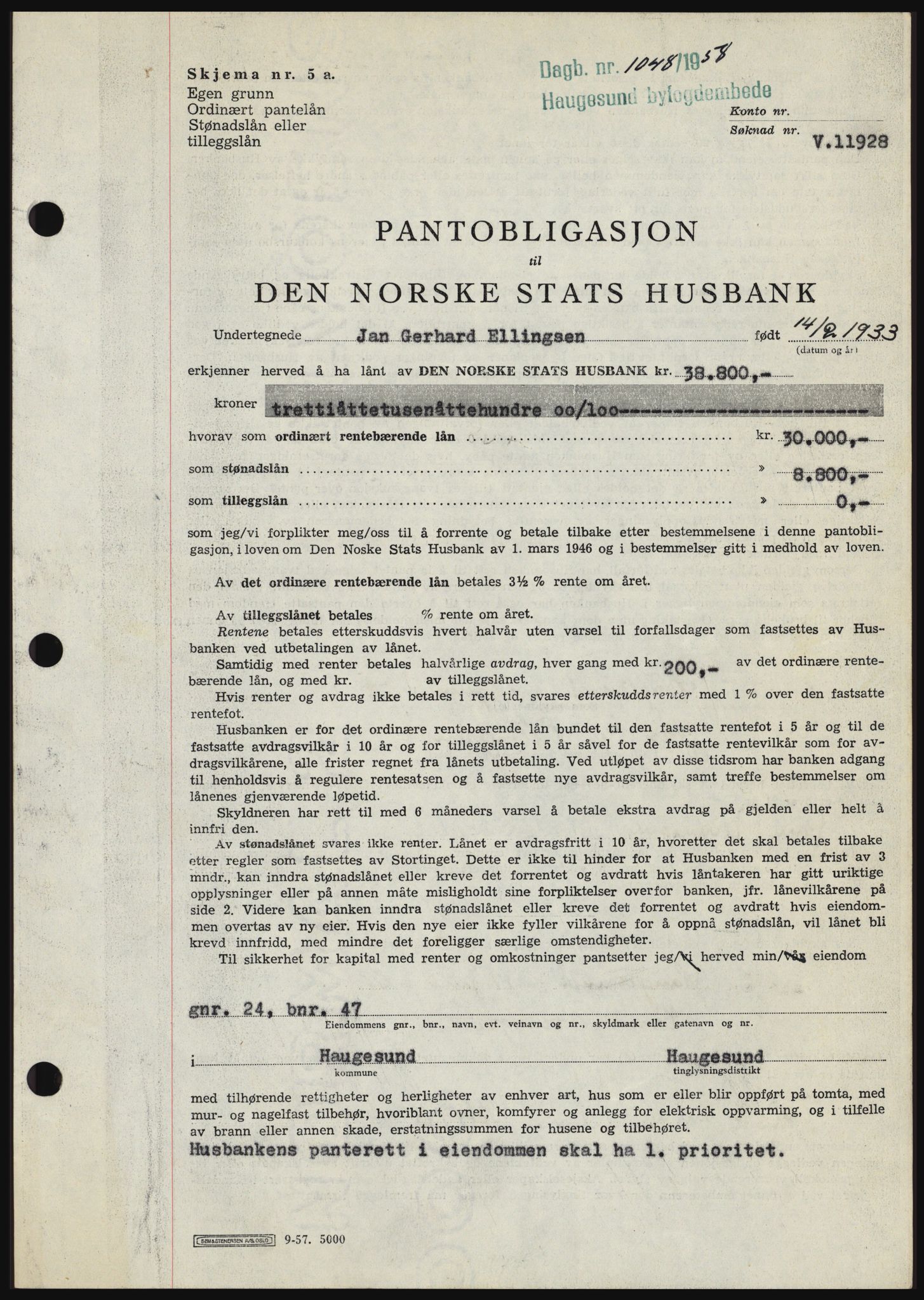 Haugesund tingrett, SAST/A-101415/01/II/IIC/L0044: Mortgage book no. B 44, 1958-1959, Diary no: : 1048/1958