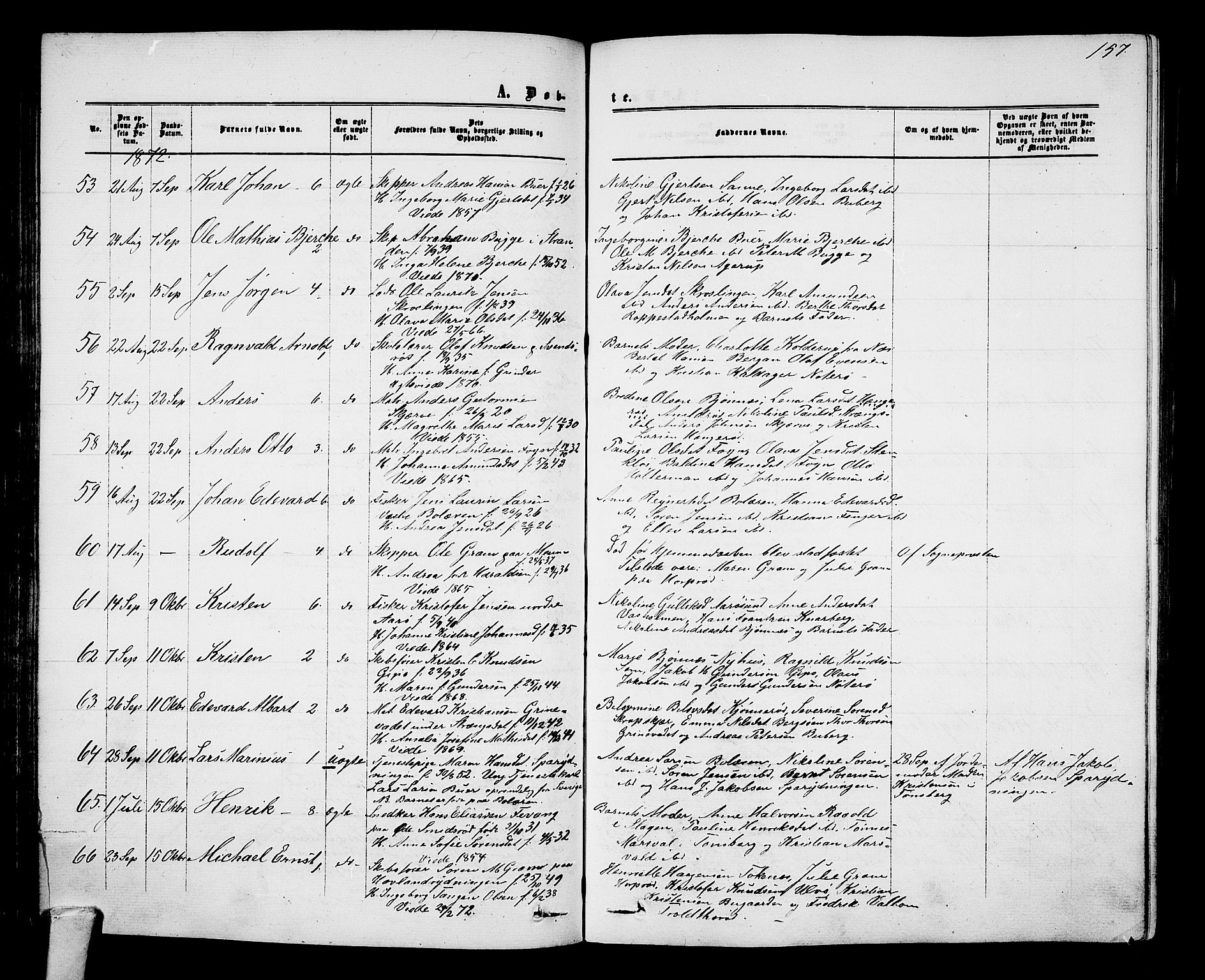 Nøtterøy kirkebøker, SAKO/A-354/G/Ga/L0002: Parish register (copy) no. I 2, 1860-1877, p. 157