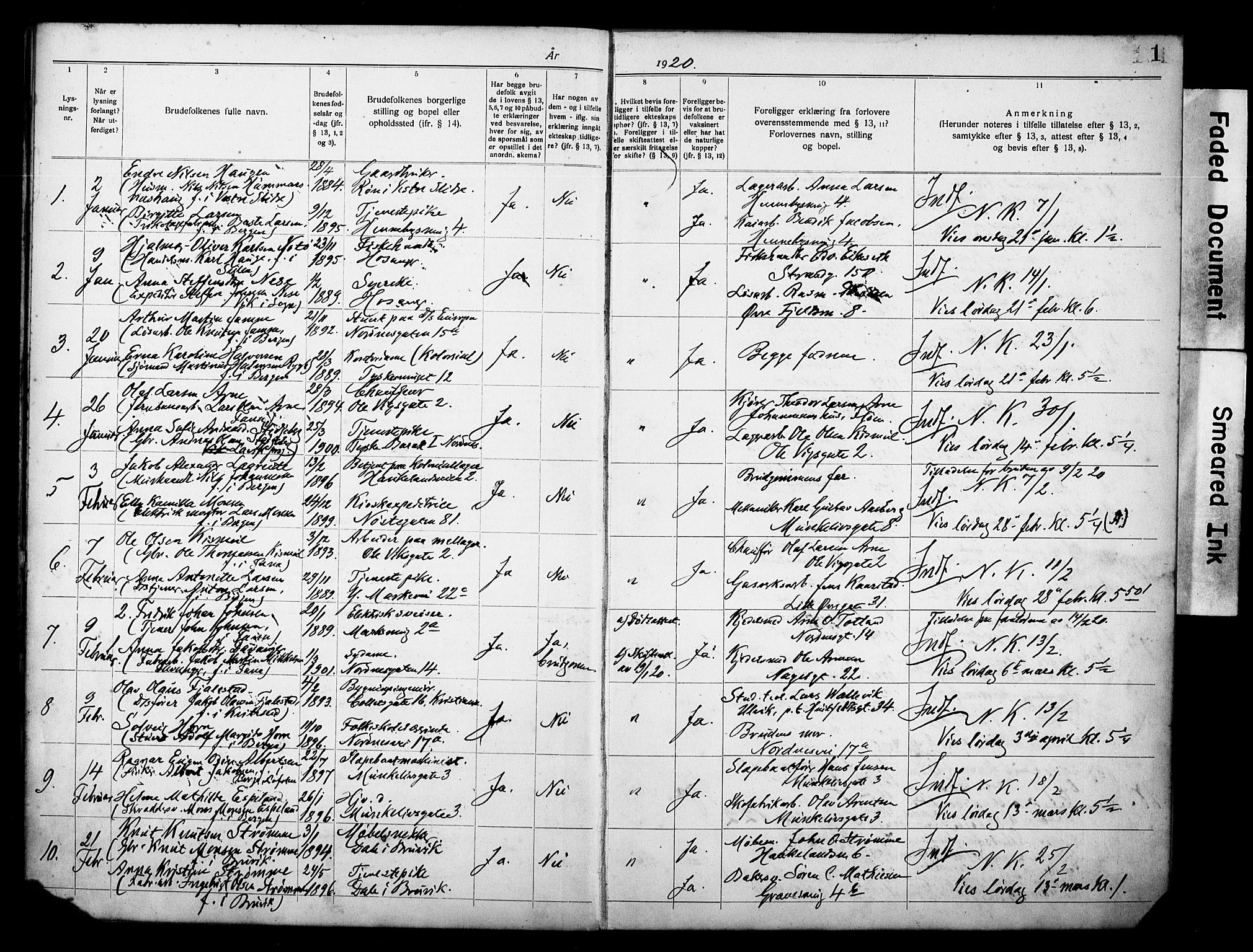 Nykirken Sokneprestembete, AV/SAB-A-77101: Banns register no. II.5.B.1, 1920-1928, p. 1