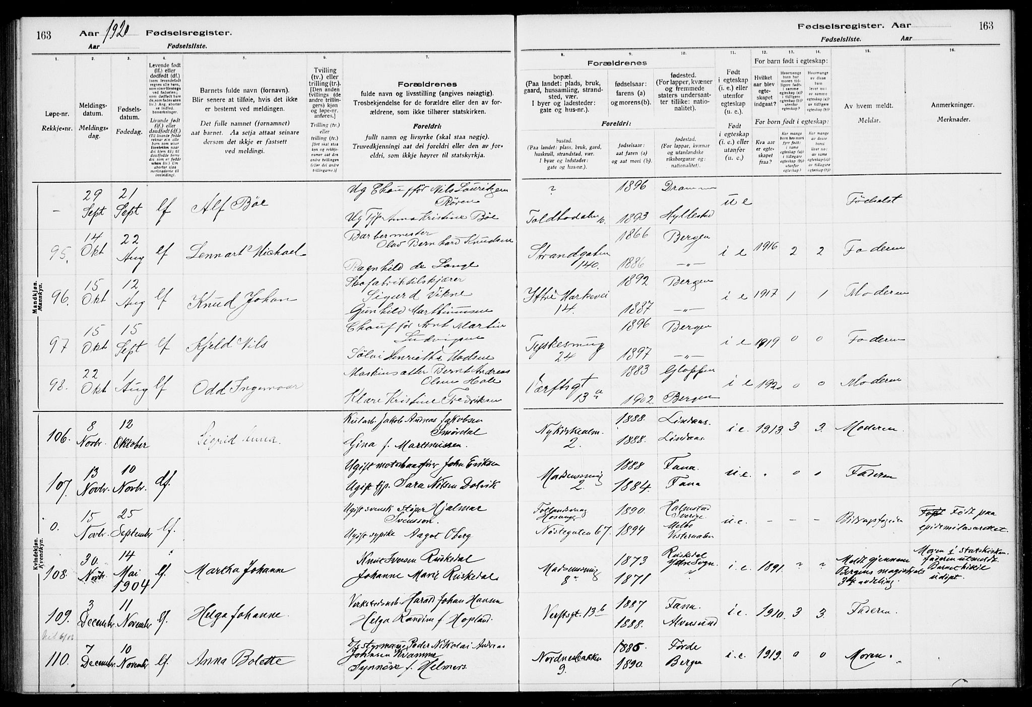 Nykirken Sokneprestembete, AV/SAB-A-77101/I/Id/L00A1: Birth register no. A 1, 1916-1922, p. 163