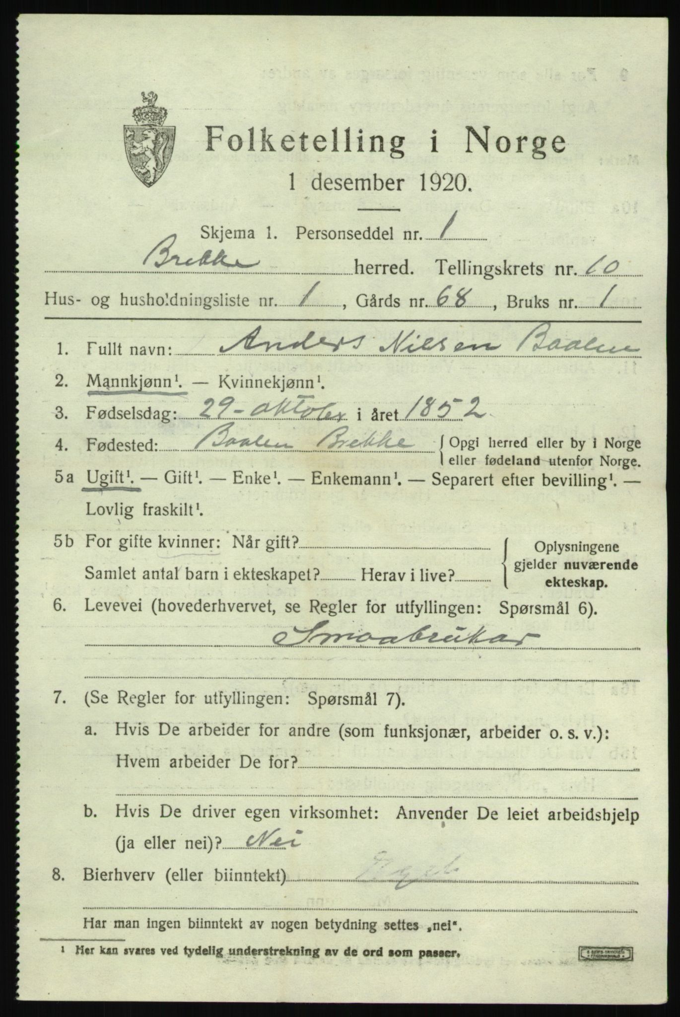 SAB, 1920 census for Brekke, 1920, p. 2130