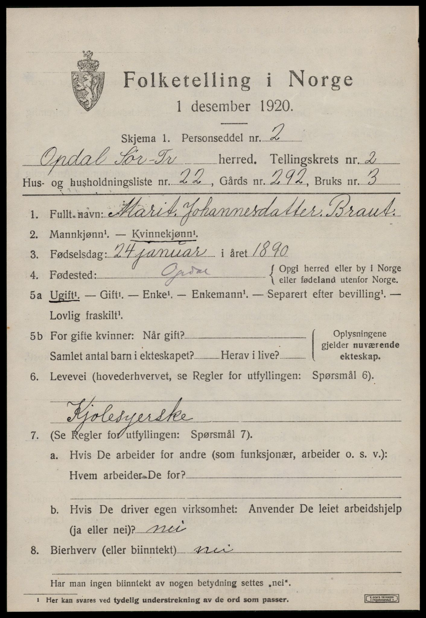 SAT, 1920 census for Oppdal, 1920, p. 2661