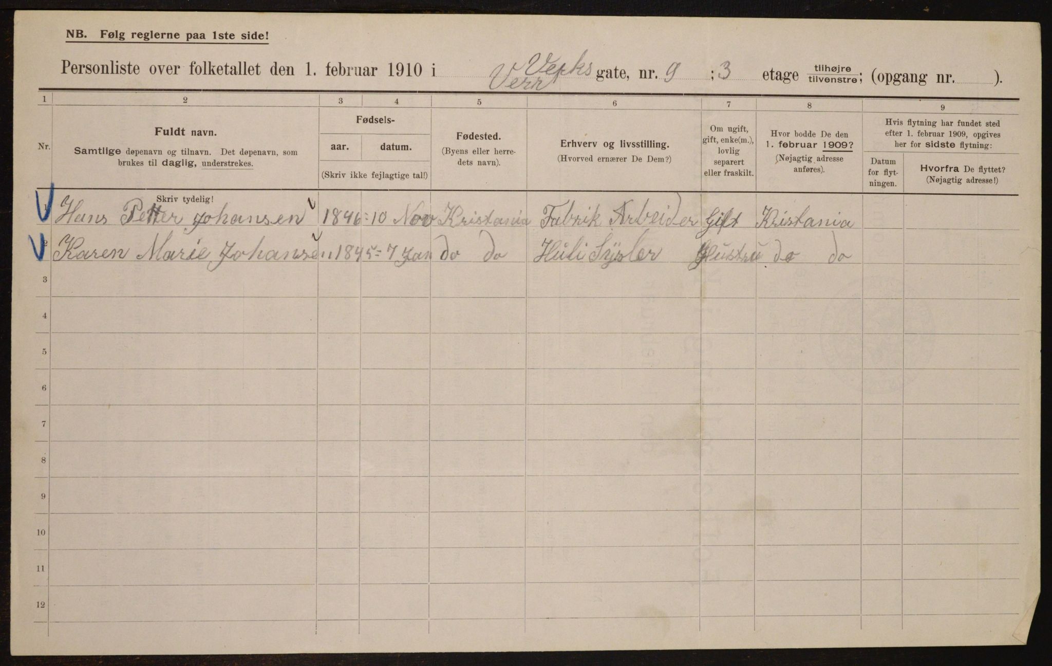 OBA, Municipal Census 1910 for Kristiania, 1910, p. 115582