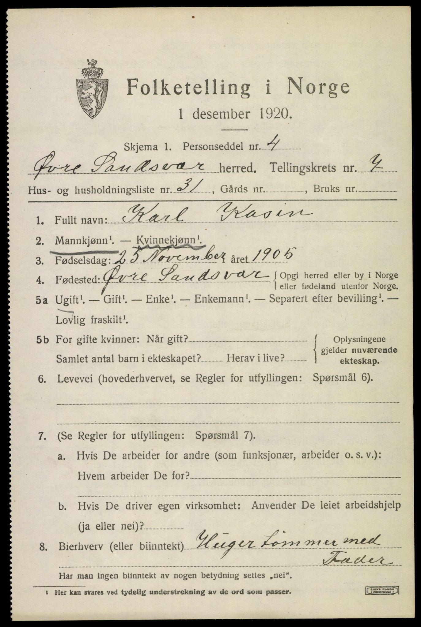 SAKO, 1920 census for Øvre Sandsvær, 1920, p. 4134