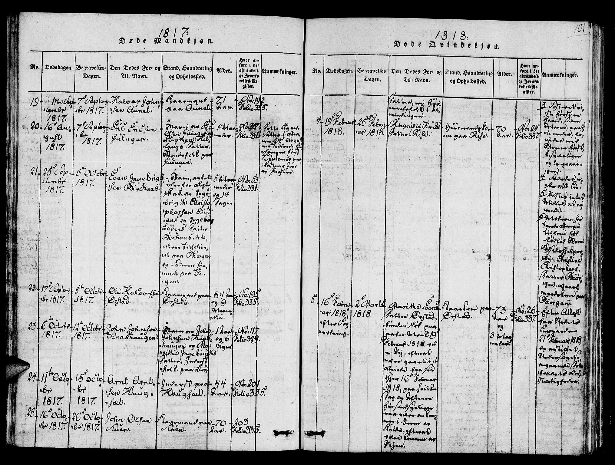 Ministerialprotokoller, klokkerbøker og fødselsregistre - Sør-Trøndelag, AV/SAT-A-1456/678/L0895: Parish register (official) no. 678A05 /1, 1816-1821, p. 101