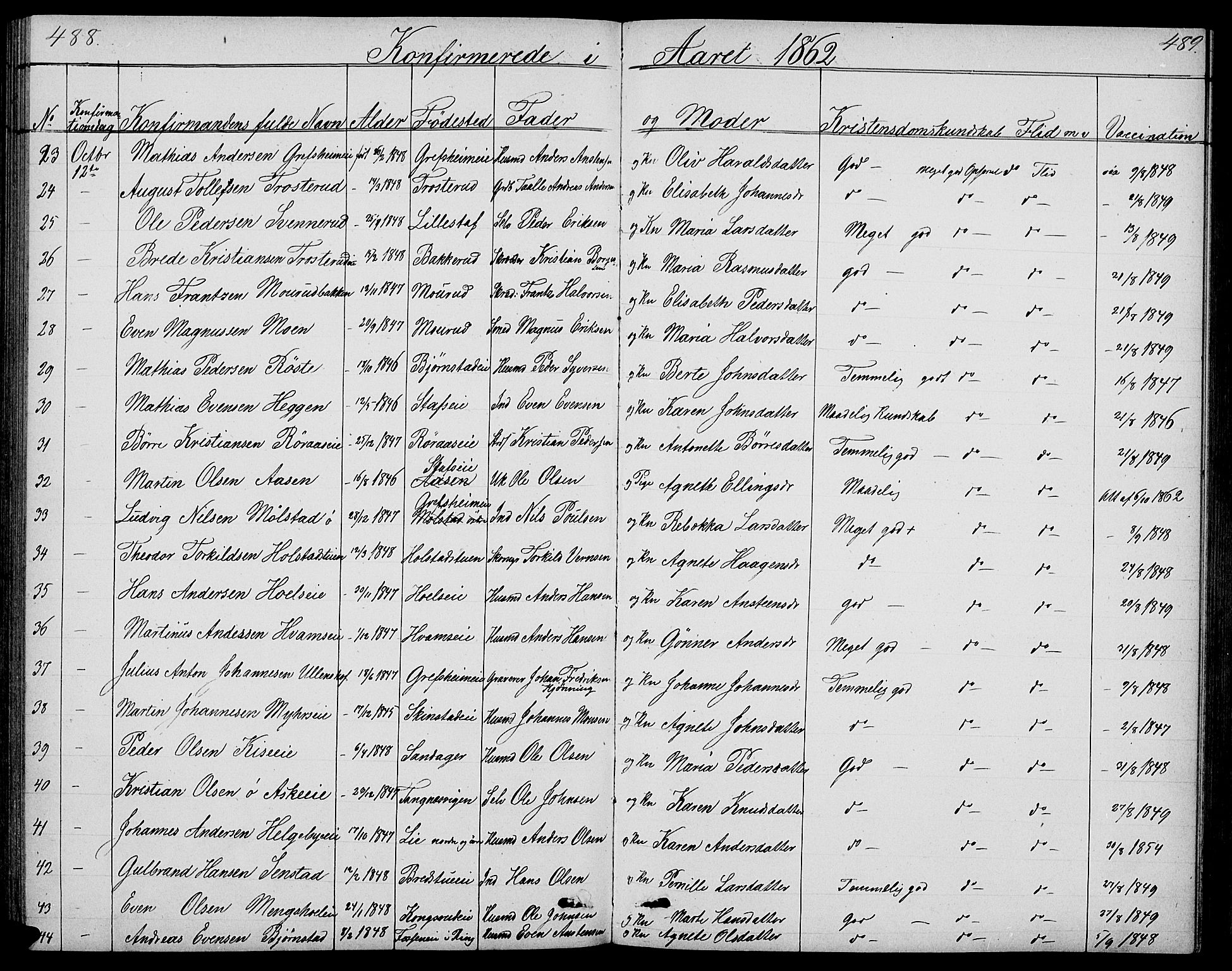 Nes prestekontor, Hedmark, SAH/PREST-020/L/La/L0005: Parish register (copy) no. 5, 1852-1889, p. 488-489