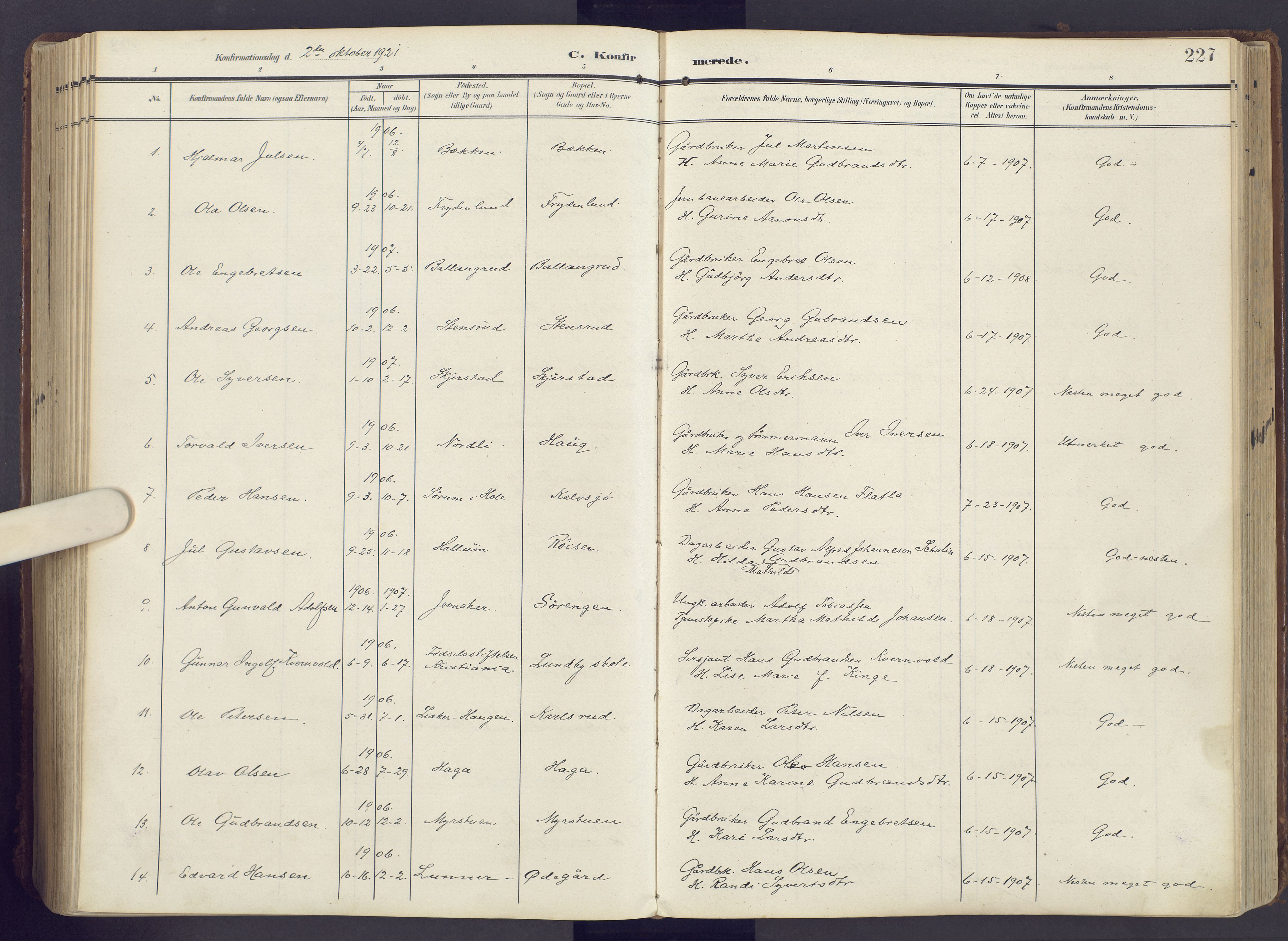 Lunner prestekontor, SAH/PREST-118/H/Ha/Haa/L0001: Parish register (official) no. 1, 1907-1922, p. 227