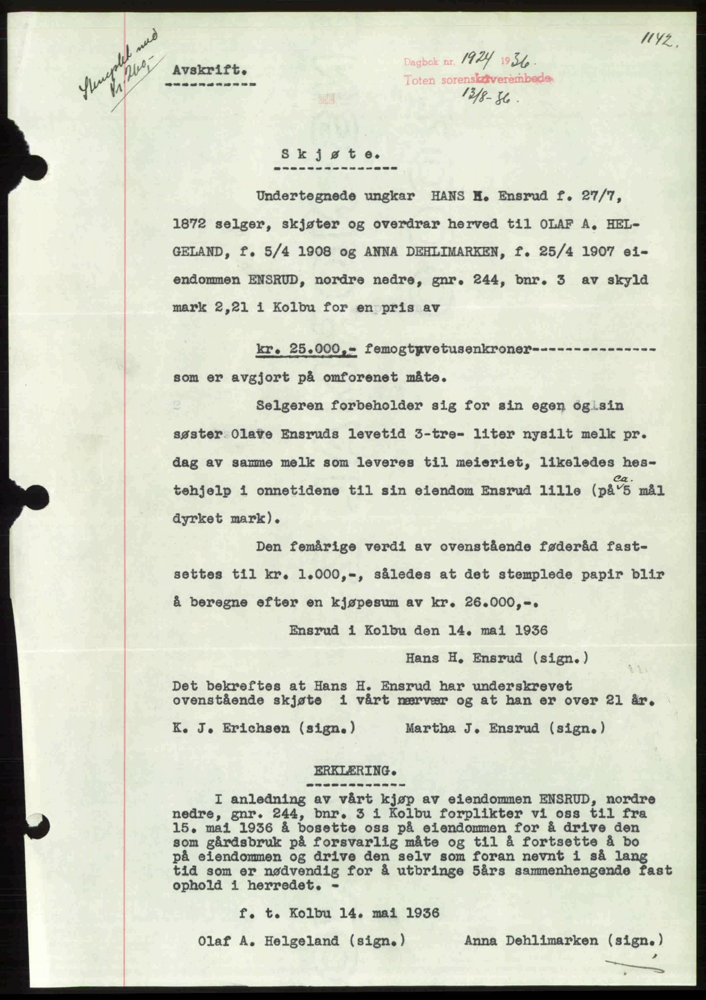 Toten tingrett, AV/SAH-TING-006/H/Hb/Hbc/L0001: Mortgage book no. Hbc-01, 1936-1936, Diary no: : 1924/1936