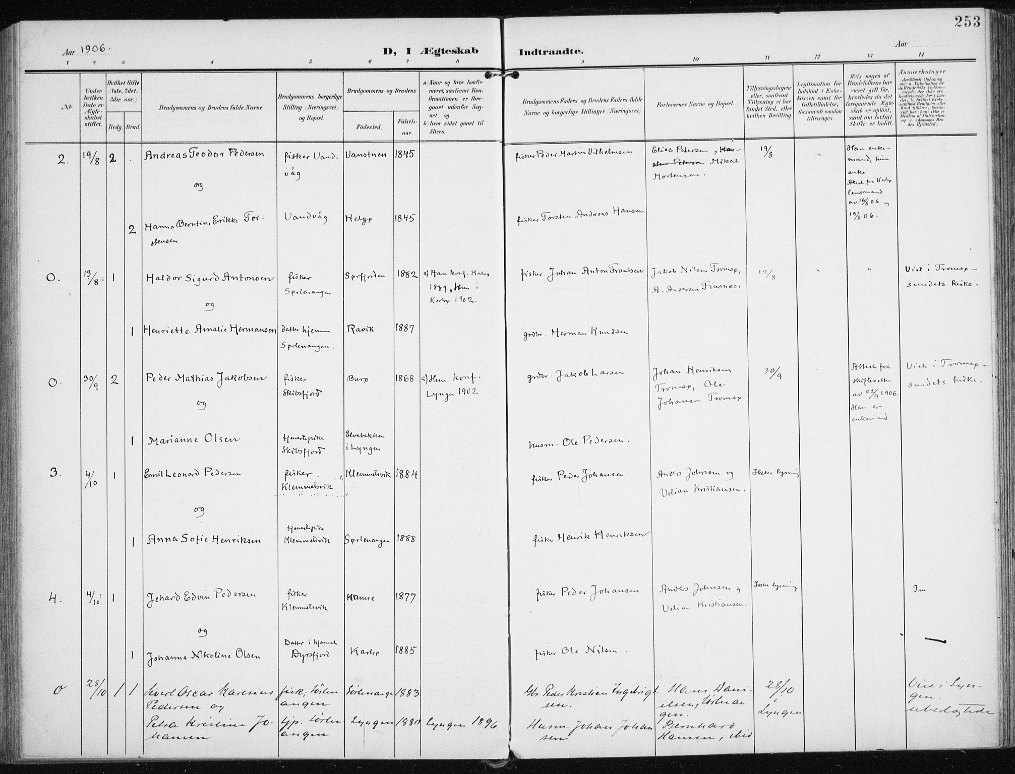 Karlsøy sokneprestembete, AV/SATØ-S-1299/H/Ha/Haa/L0014kirke: Parish register (official) no. 14, 1903-1917, p. 253