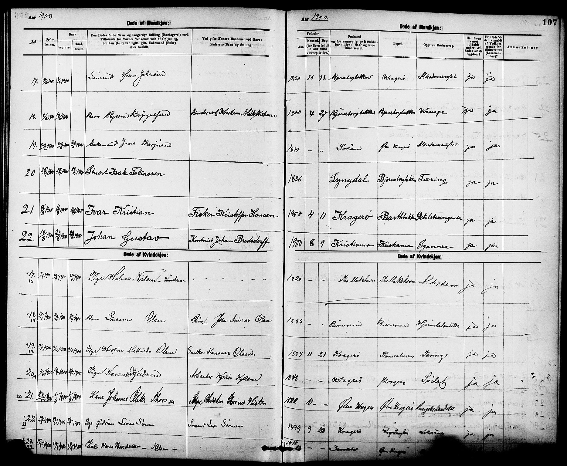 Kragerø kirkebøker, AV/SAKO-A-278/G/Ga/L0008: Parish register (copy) no. 8, 1881-1914, p. 107