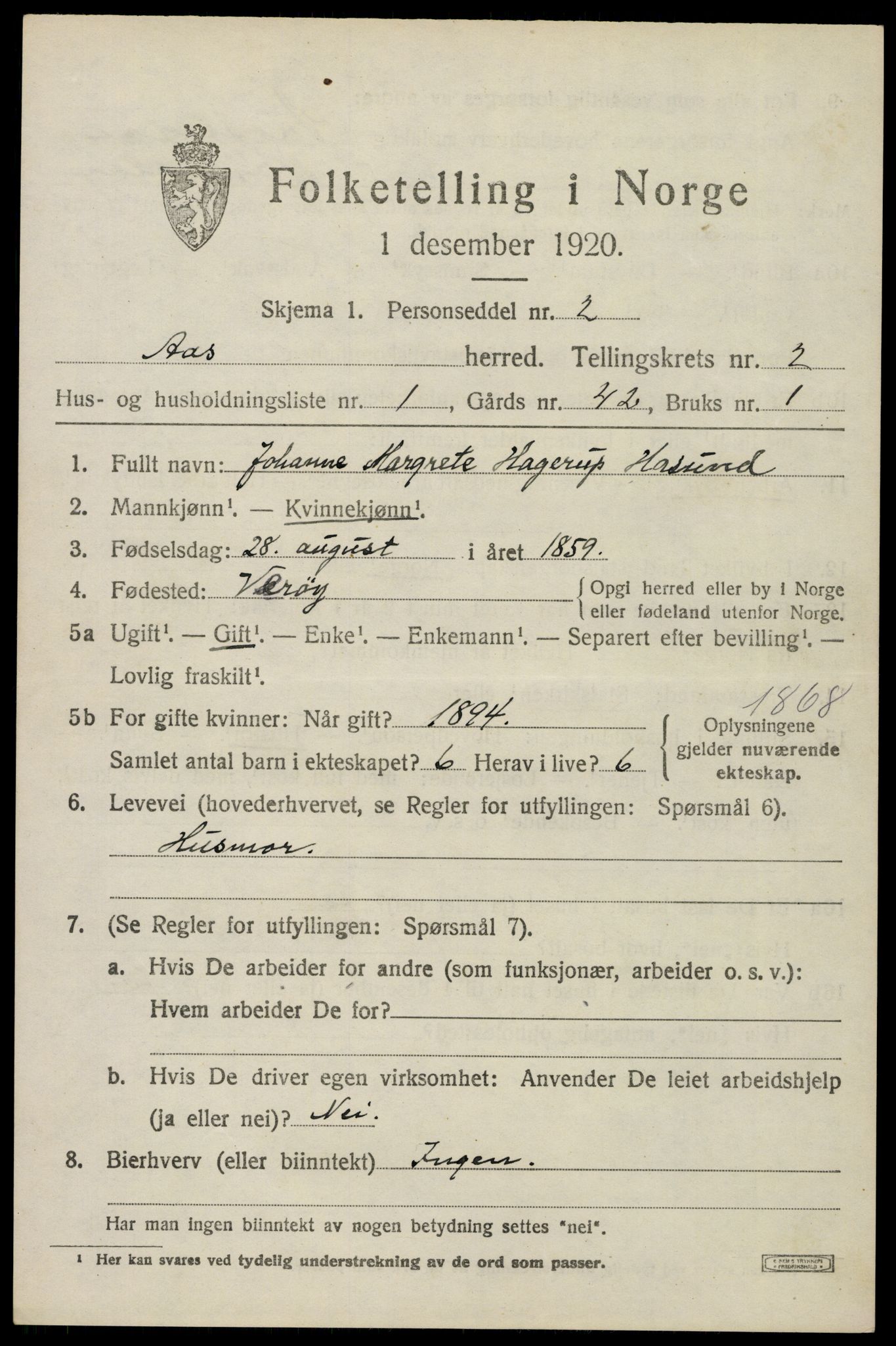 SAO, 1920 census for Ås, 1920, p. 2146