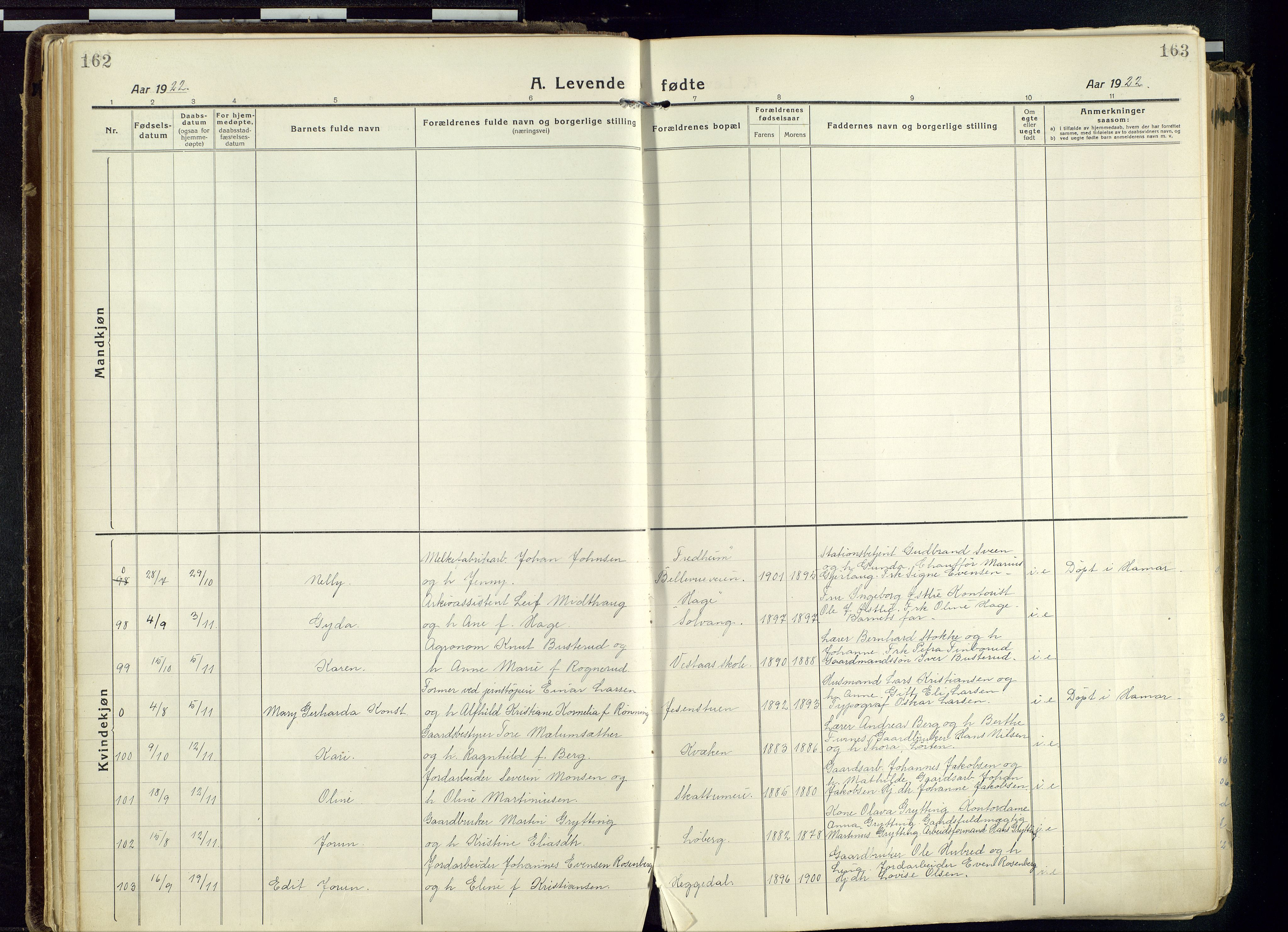 Vang prestekontor, Hedmark, AV/SAH-PREST-008/H/Ha/Haa/L0022: Parish register (official) no. 22, 1918-1944, p. 162-163