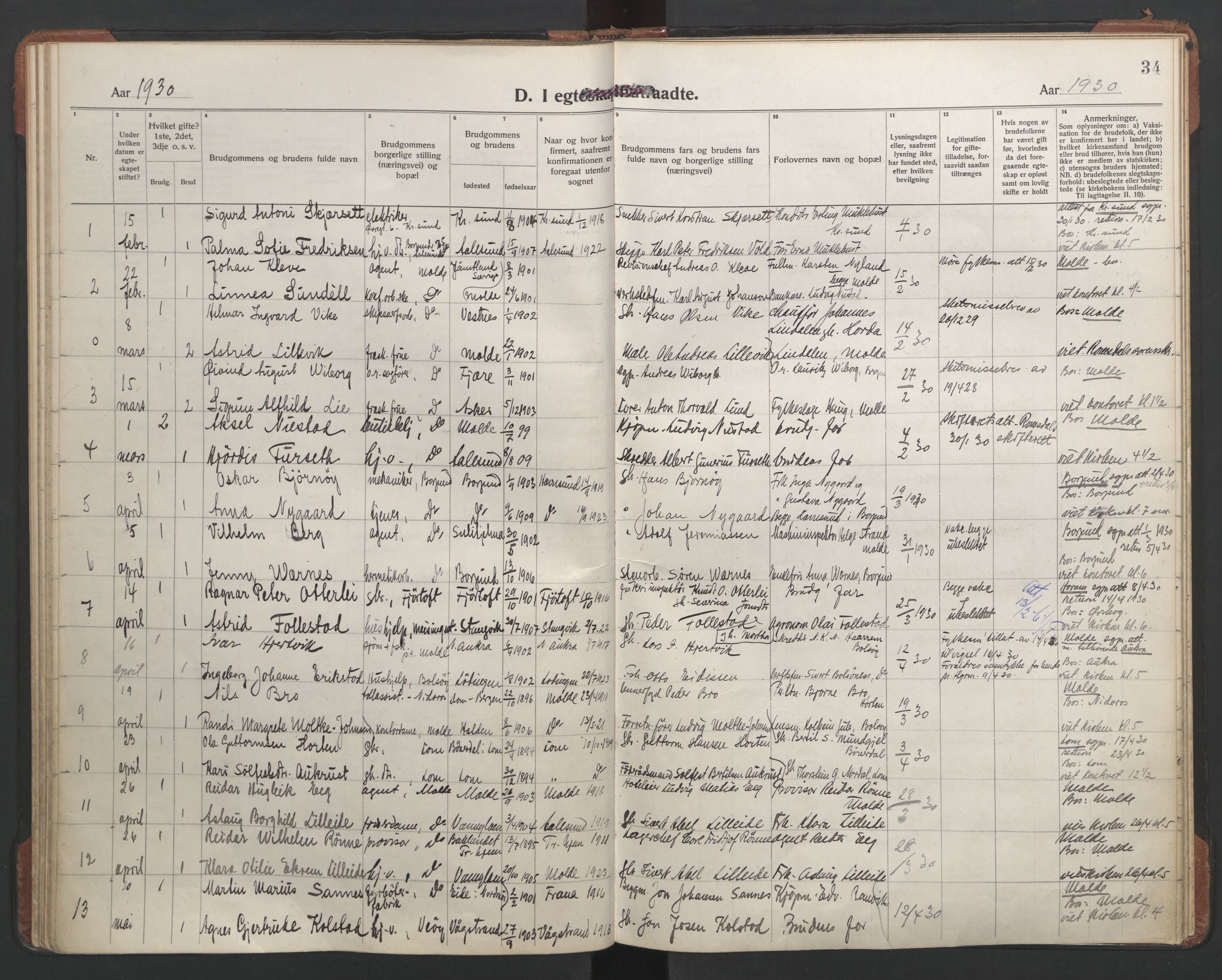 Ministerialprotokoller, klokkerbøker og fødselsregistre - Møre og Romsdal, AV/SAT-A-1454/558/L0698: Parish register (official) no. 558A12, 1922-1937, p. 34