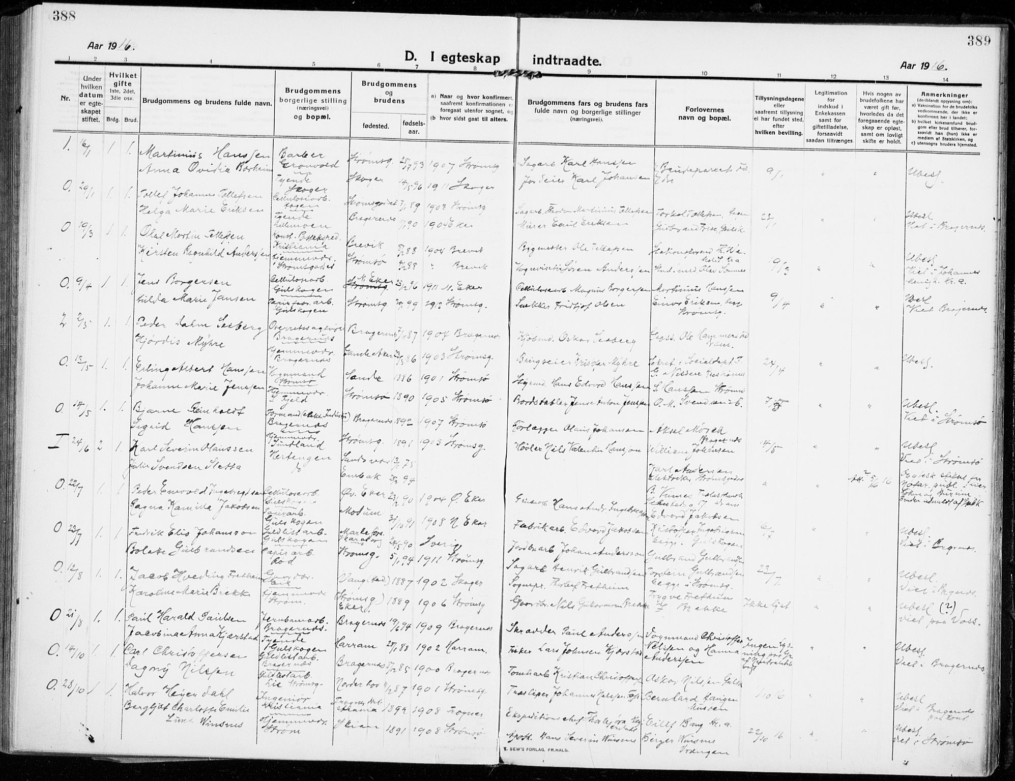 Strømsgodset kirkebøker, SAKO/A-324/F/Fa/L0002: Parish register (official) no. 2, 1910-1920, p. 388-389