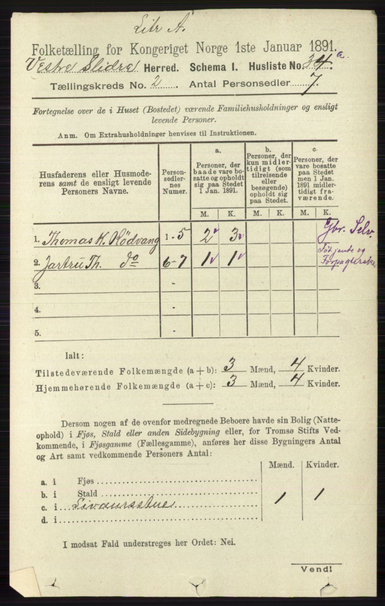 RA, 1891 census for 0543 Vestre Slidre, 1891, p. 494