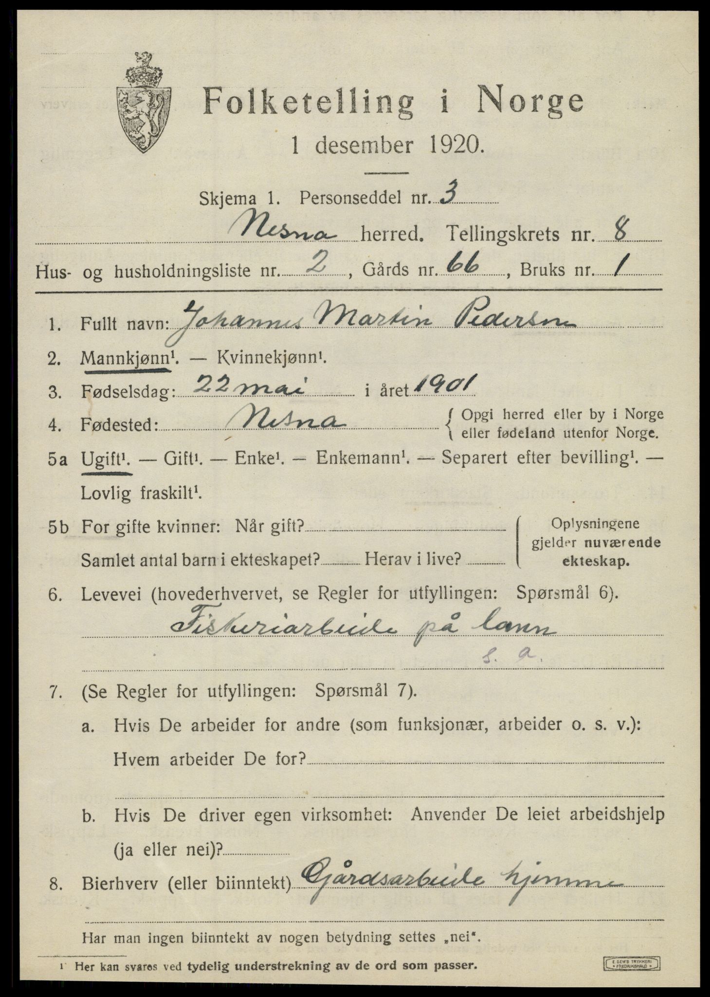 SAT, 1920 census for Nesna, 1920, p. 6569