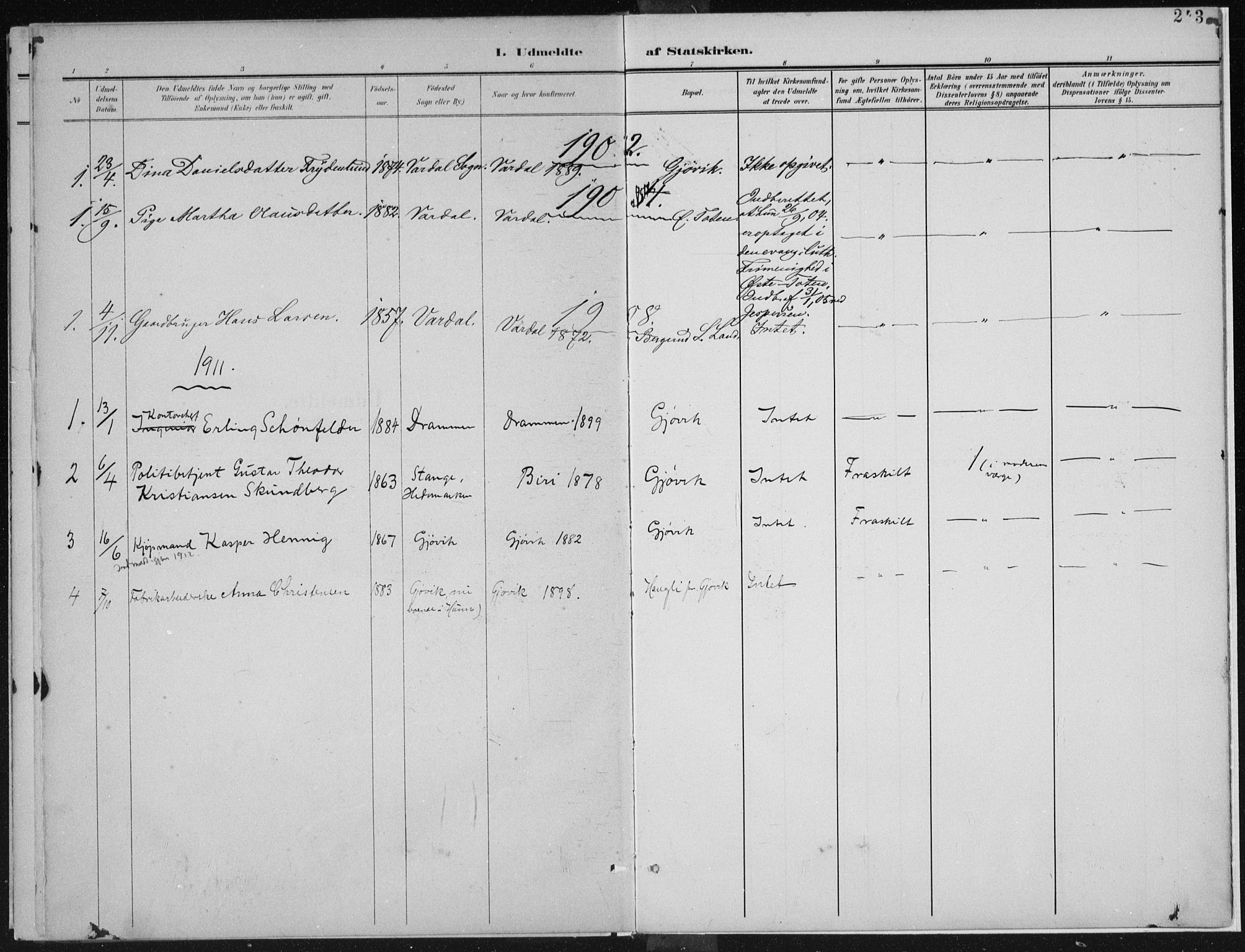 Vardal prestekontor, SAH/PREST-100/H/Ha/Haa/L0013: Parish register (official) no. 13, 1901-1911, p. 243