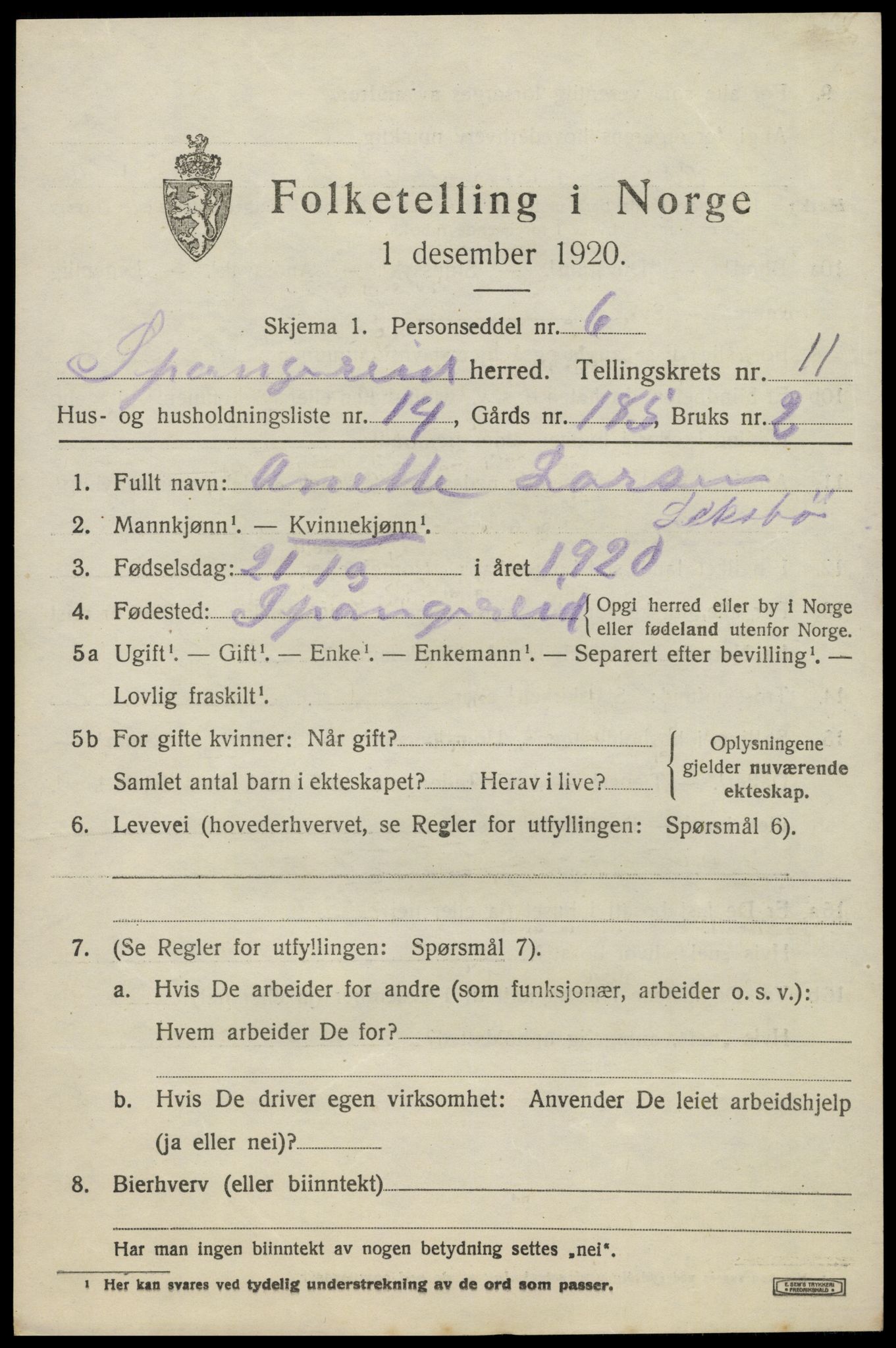 SAK, 1920 census for Spangereid, 1920, p. 3807