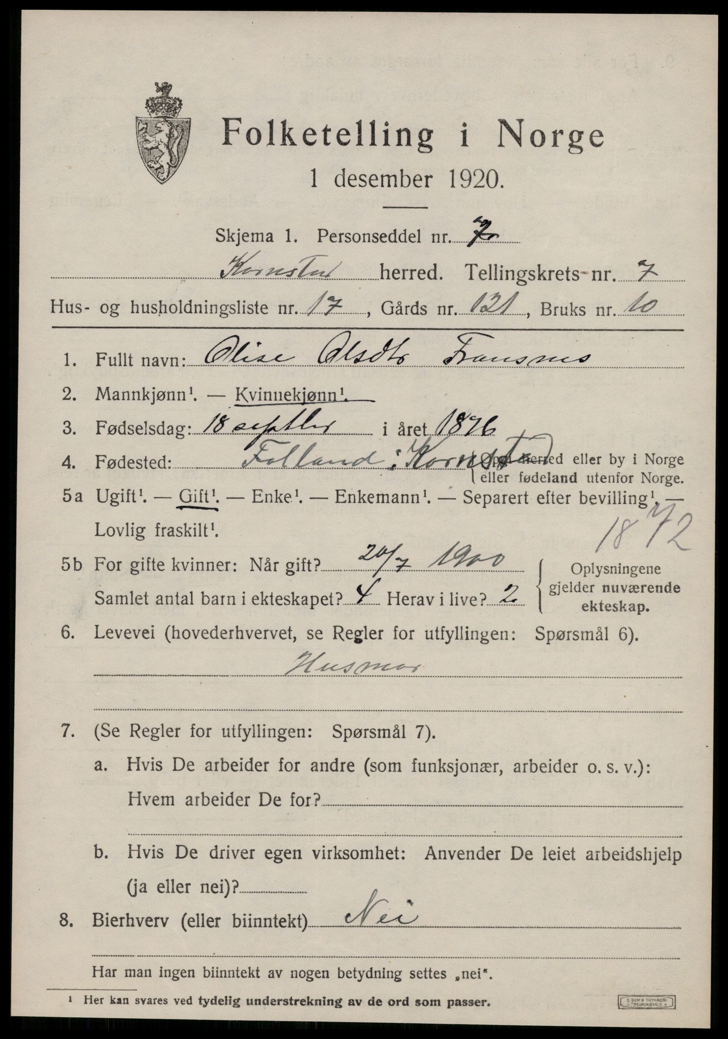 SAT, 1920 census for Kornstad, 1920, p. 3947