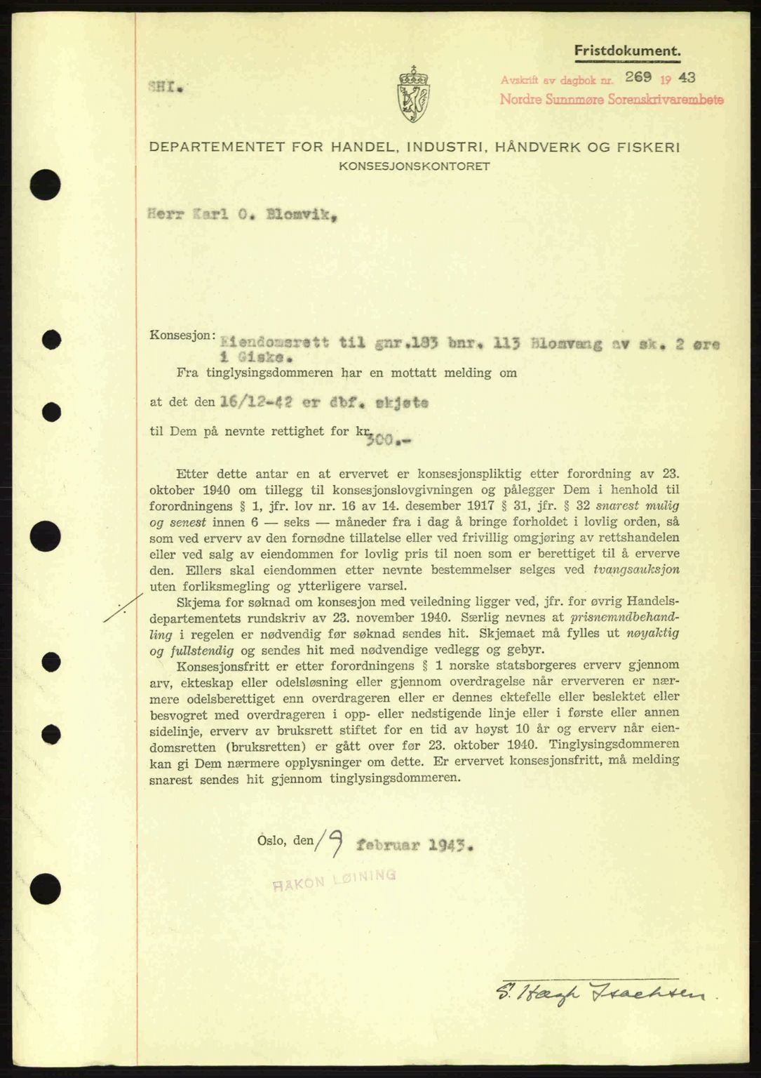 Nordre Sunnmøre sorenskriveri, SAT/A-0006/1/2/2C/2Ca: Mortgage book no. B6-14 a, 1942-1945, Diary no: : 269/1943