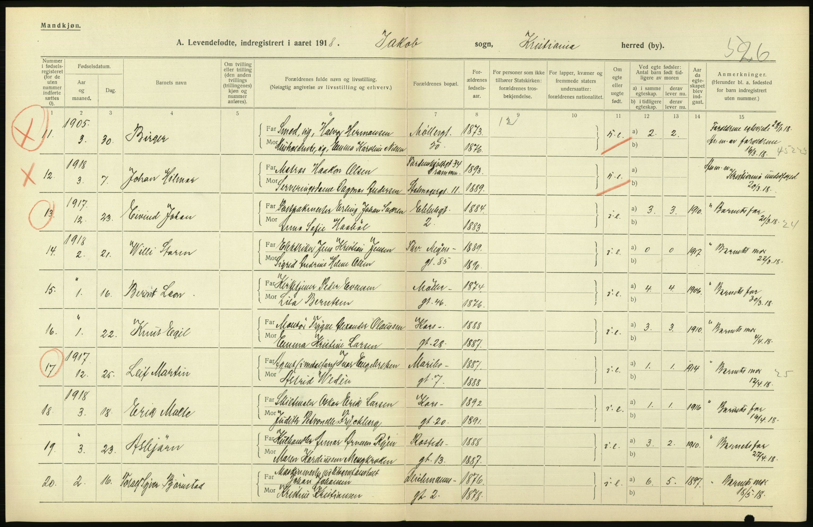 Statistisk sentralbyrå, Sosiodemografiske emner, Befolkning, AV/RA-S-2228/D/Df/Dfb/Dfbh/L0008: Kristiania: Levendefødte menn og kvinner., 1918, p. 704