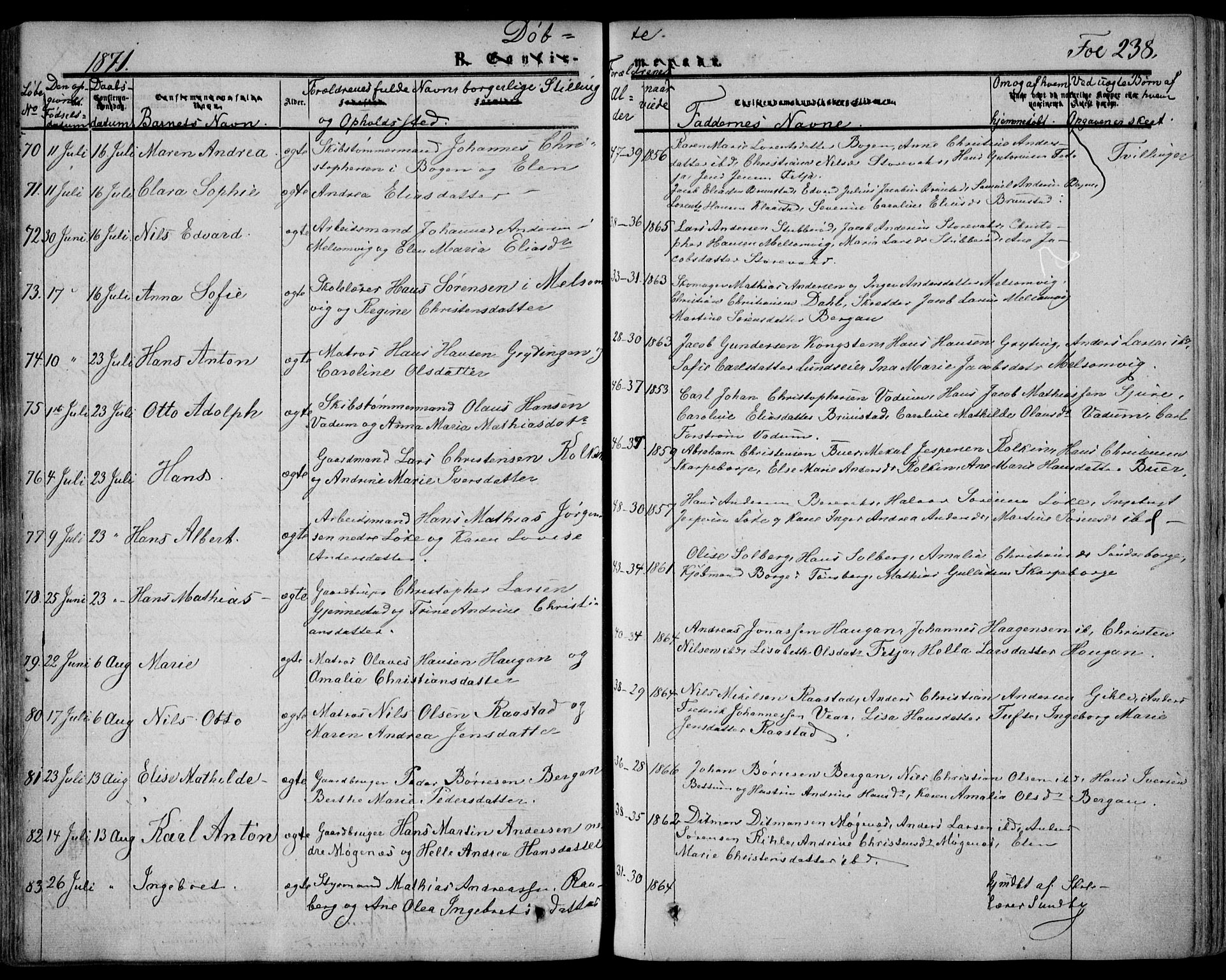 Stokke kirkebøker, SAKO/A-320/F/Fa/L0008: Parish register (official) no. I 8, 1858-1871, p. 238