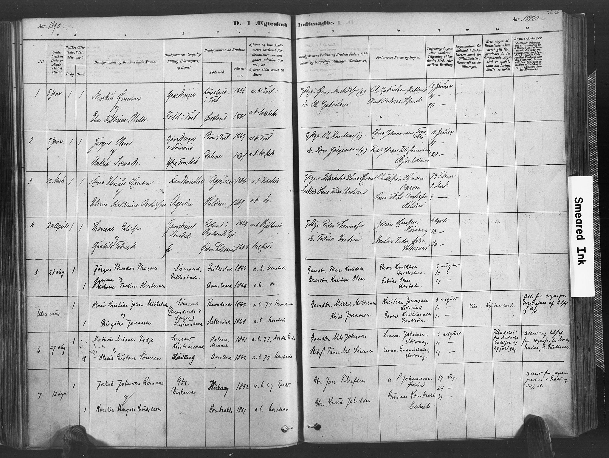 Høvåg sokneprestkontor, SAK/1111-0025/F/Fa/L0005: Parish register (official) no. A 5, 1878-1893, p. 216