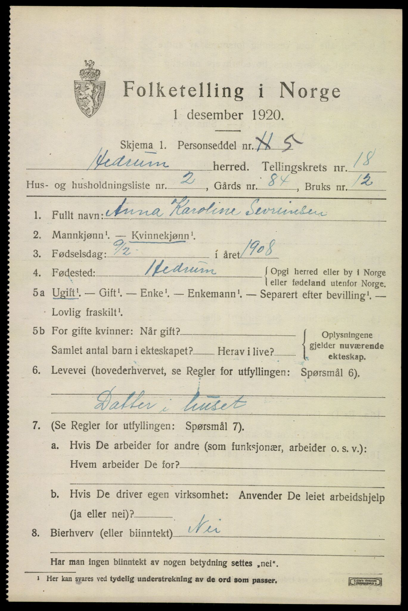 SAKO, 1920 census for Hedrum, 1920, p. 10817