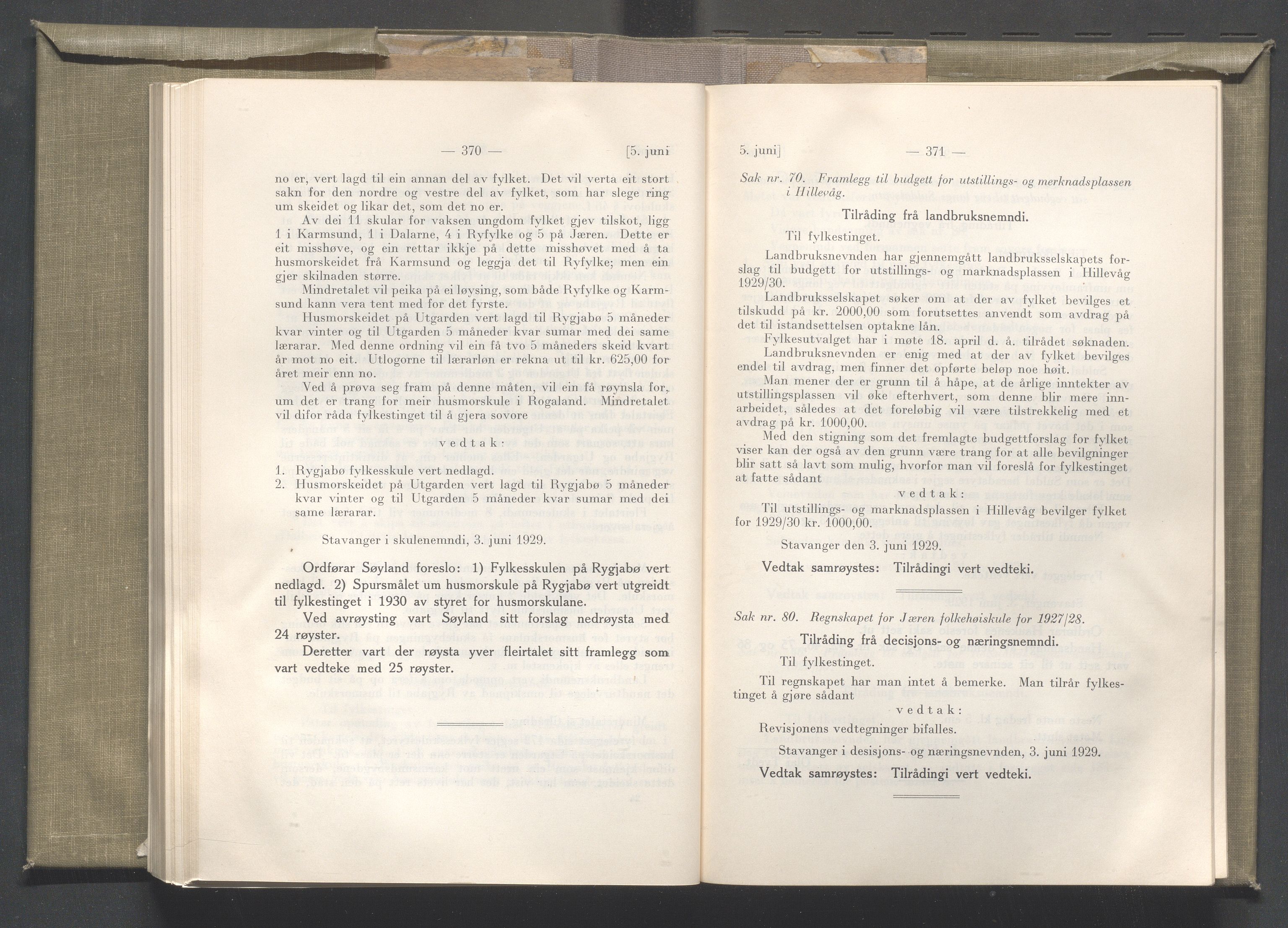 Rogaland fylkeskommune - Fylkesrådmannen , IKAR/A-900/A/Aa/Aaa/L0048: Møtebok , 1929, p. 370-371