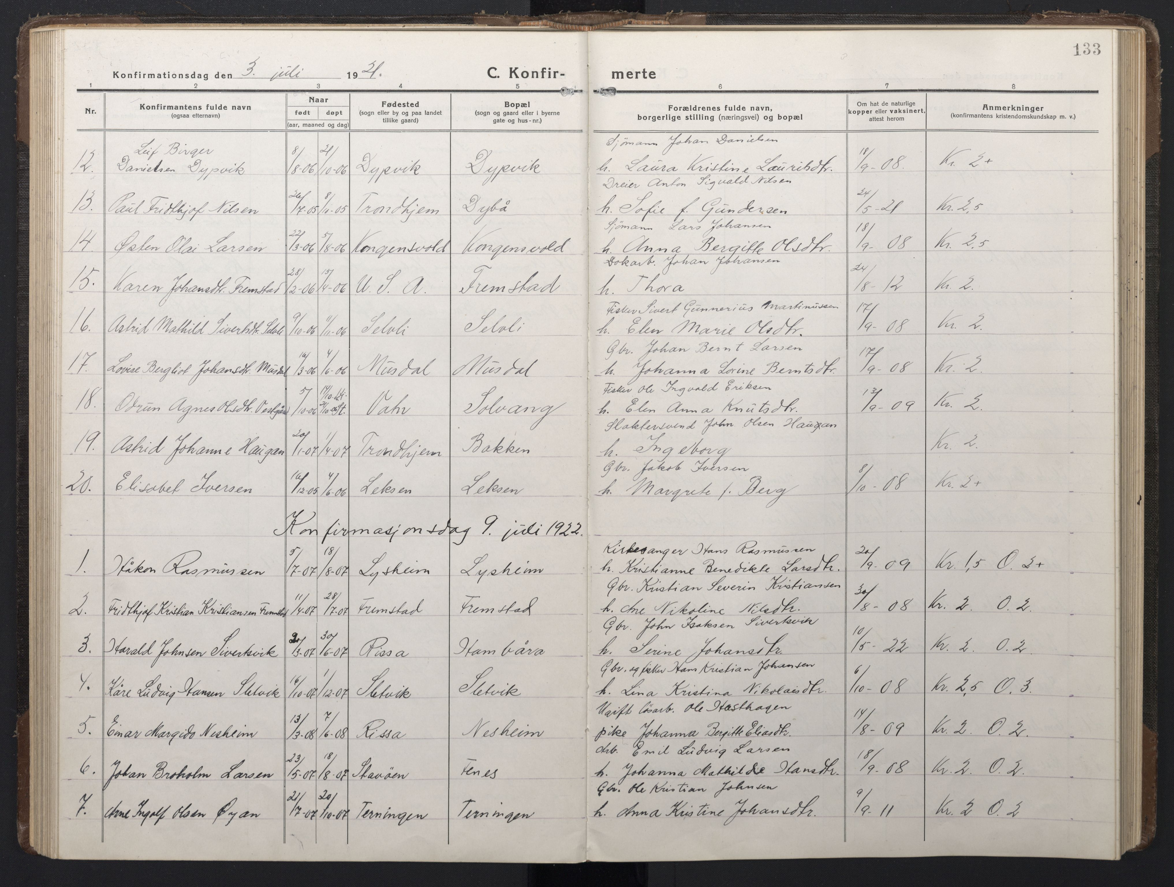 Ministerialprotokoller, klokkerbøker og fødselsregistre - Sør-Trøndelag, SAT/A-1456/662/L0758: Parish register (copy) no. 662C03, 1918-1948, p. 133